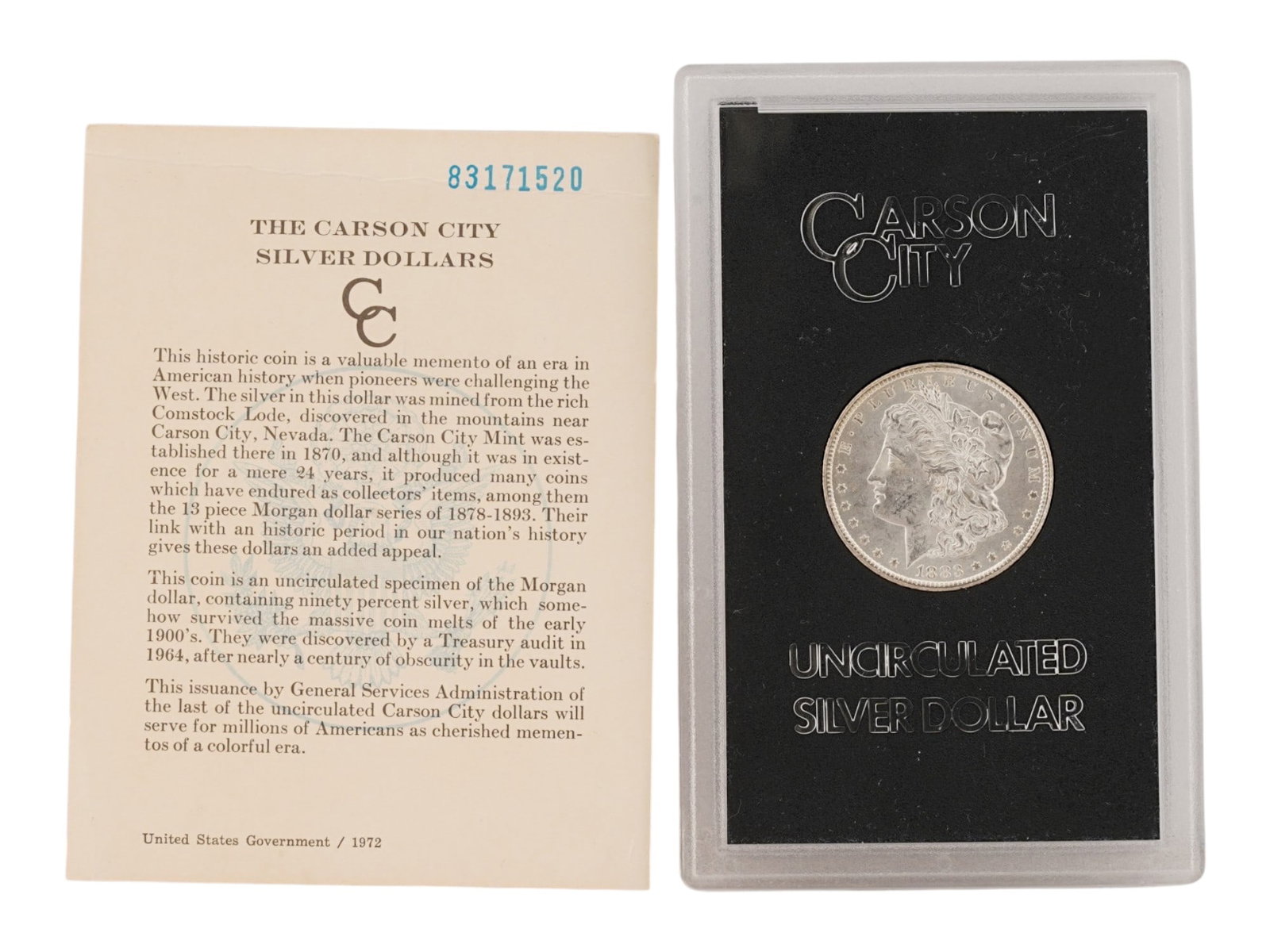 1883 CC MORGAN SILVER DOLLAR IN GSA HOLDER W COA: 1883 CC Morgan Silver Dollar housed in its original General Services Administration GSA Hoard black plastic holder, accompanied by its official Certificate of Authenticity COA number 83171520. Minted 
