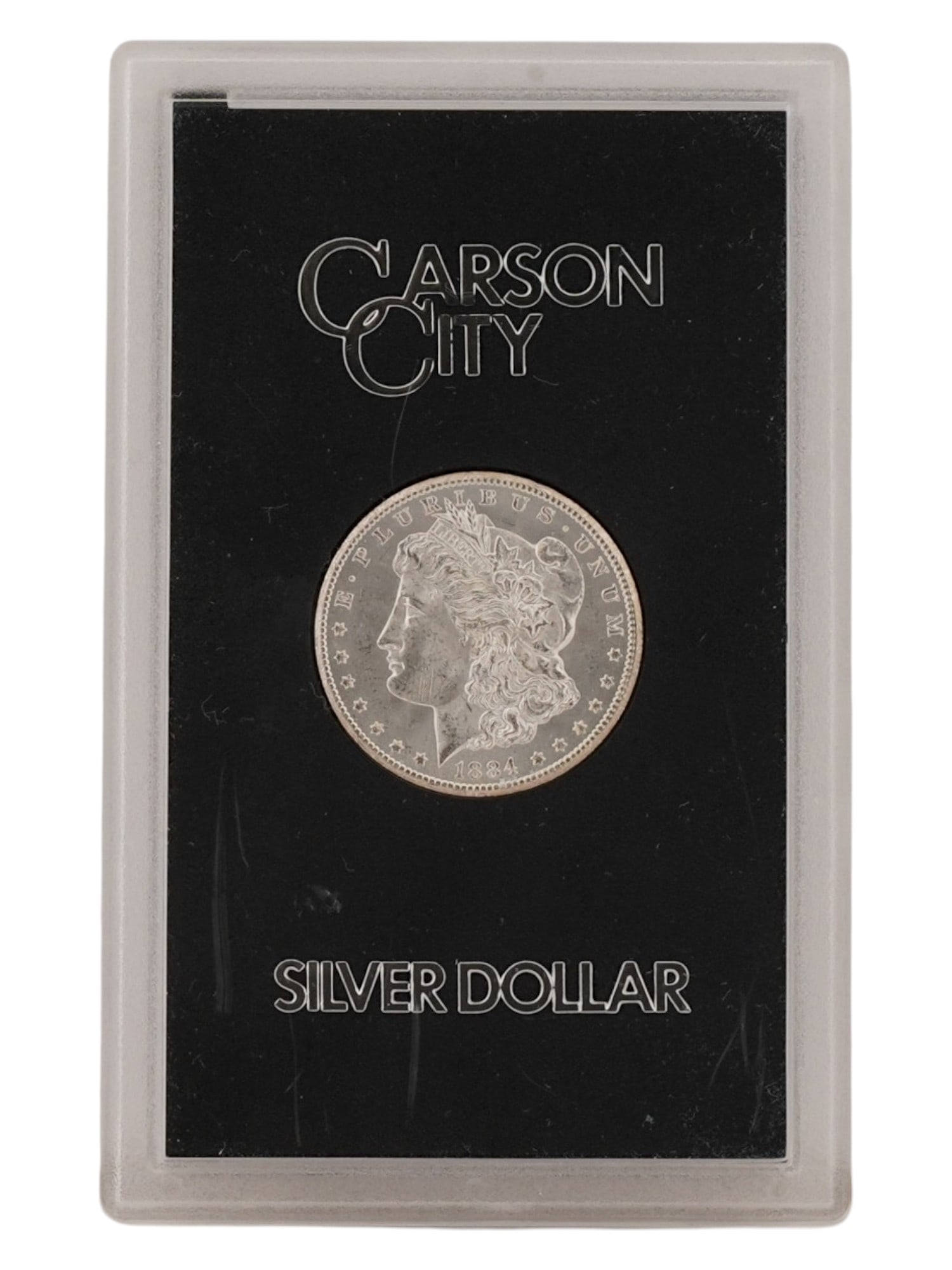 1884 CC MORGAN SILVER DOLLAR CARSON CITY IN HOLDER: 1884 CC Morgan Silver Dollar housed in its original General Services Administration GSA Hoard black plastic holder. Minted at the Carson City Mint. The obverse features the profile of Liberty designed
