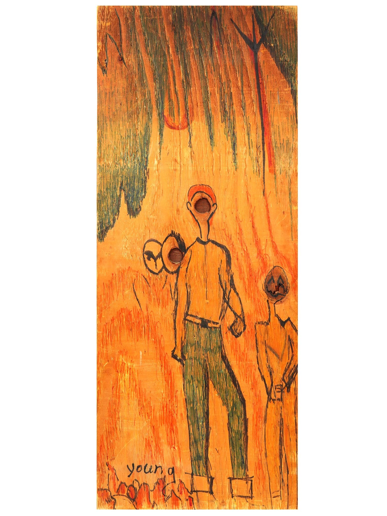 MID CENTURY PAINTING ON WOOD BOARD SIGNED YOUNG: Mid-century painting on a wood board signed Young. The elongated vertical artwork believed to be of American origin, depicts dancing male figures without faces. Signed Young lower left. Collectible Fi