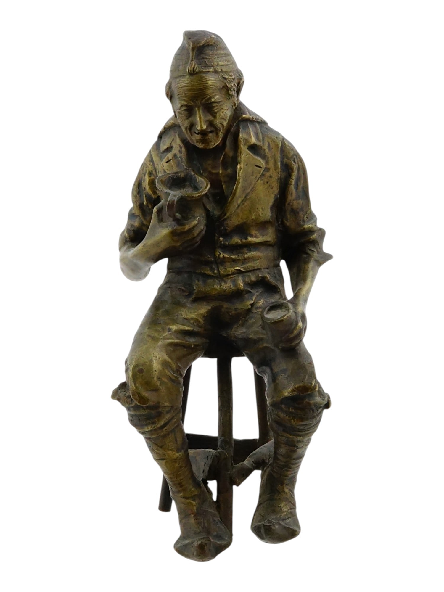 PASQUALE FOSCA ITALIAN BRONZE SCULPTURE THE DRINKER: Pasquale Fosca, Italian, 1858 to 1929, a bronze sculpture titled Il Bevitore, or The Drinker. The work depicts an elderly seated man holding a pitcher and cup in a detailed genre composition. Italian 
