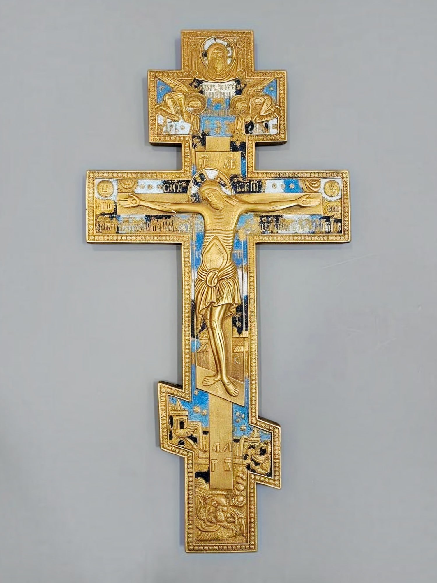 LARGE 19TH CEN RUSSIAN ORTHODOX BRONZE ENAMEL CRUCIFIX: A very large 19th century antique Russian Orthodox bronze and enamel Crucifix. Cast bronze with polychrome enamel. A finely cast and unusually large 19th century Russian Orthodox bronze crucifix featu
