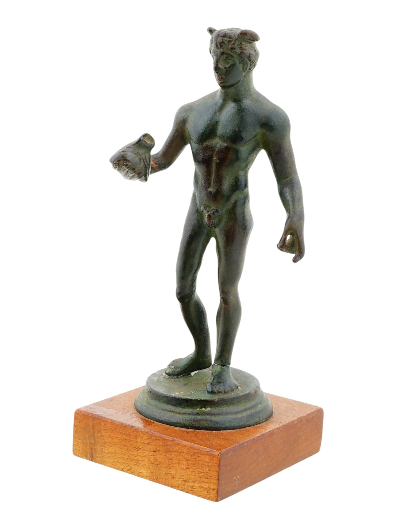 VINTAGE BRONZE ROMAN STYLE STATUETTE OF MERCURY: A vintage bronze Roman-style statuette depicting Mercury, the Roman messenger god, mounted on a square wooden plinth. The figure is shown in a classical contrapposto pose and displays traditional attr