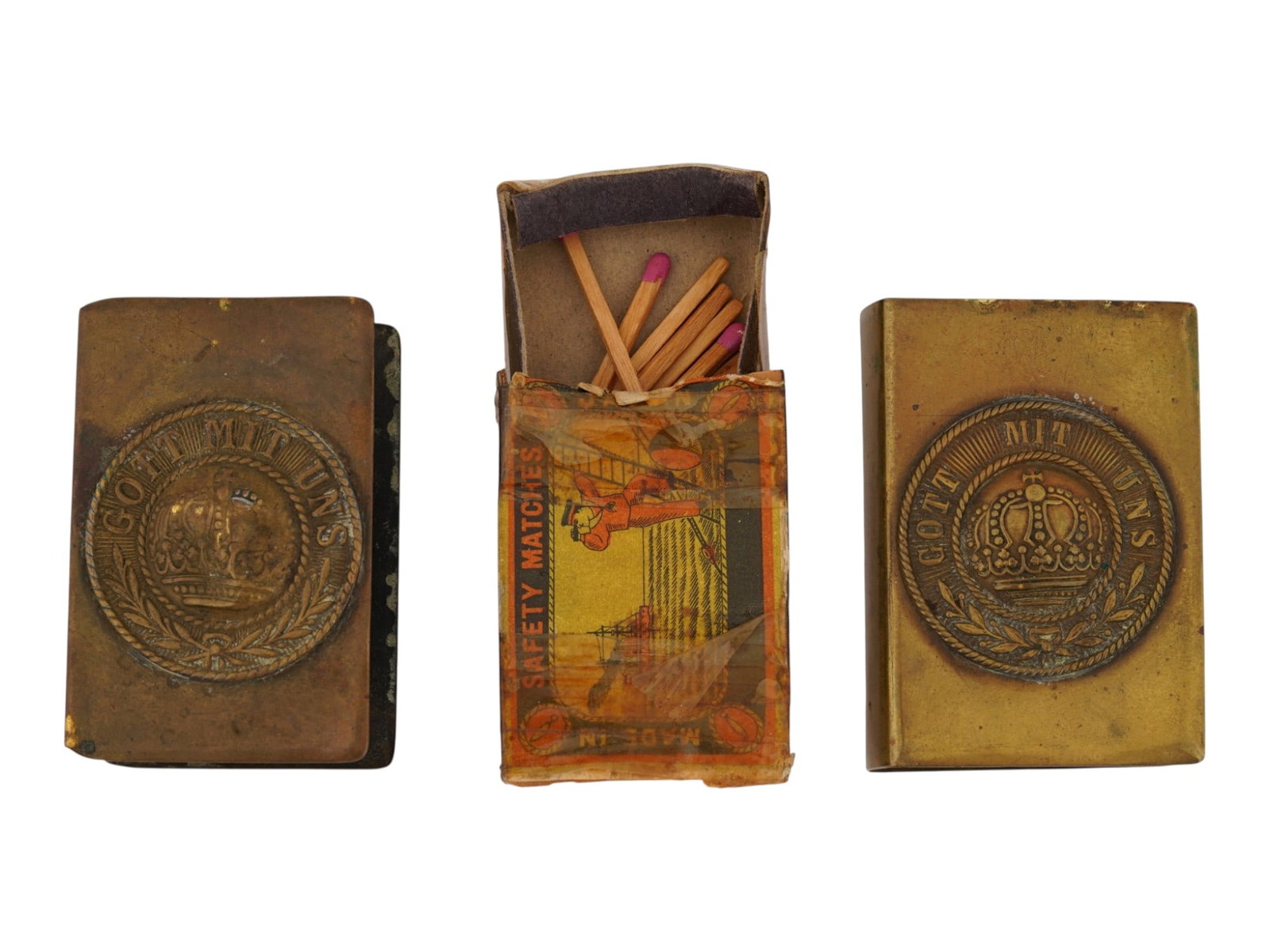 PAIR OF WWI ERA GERMAN BRASS MATCH HOLDERS (1 of 5)