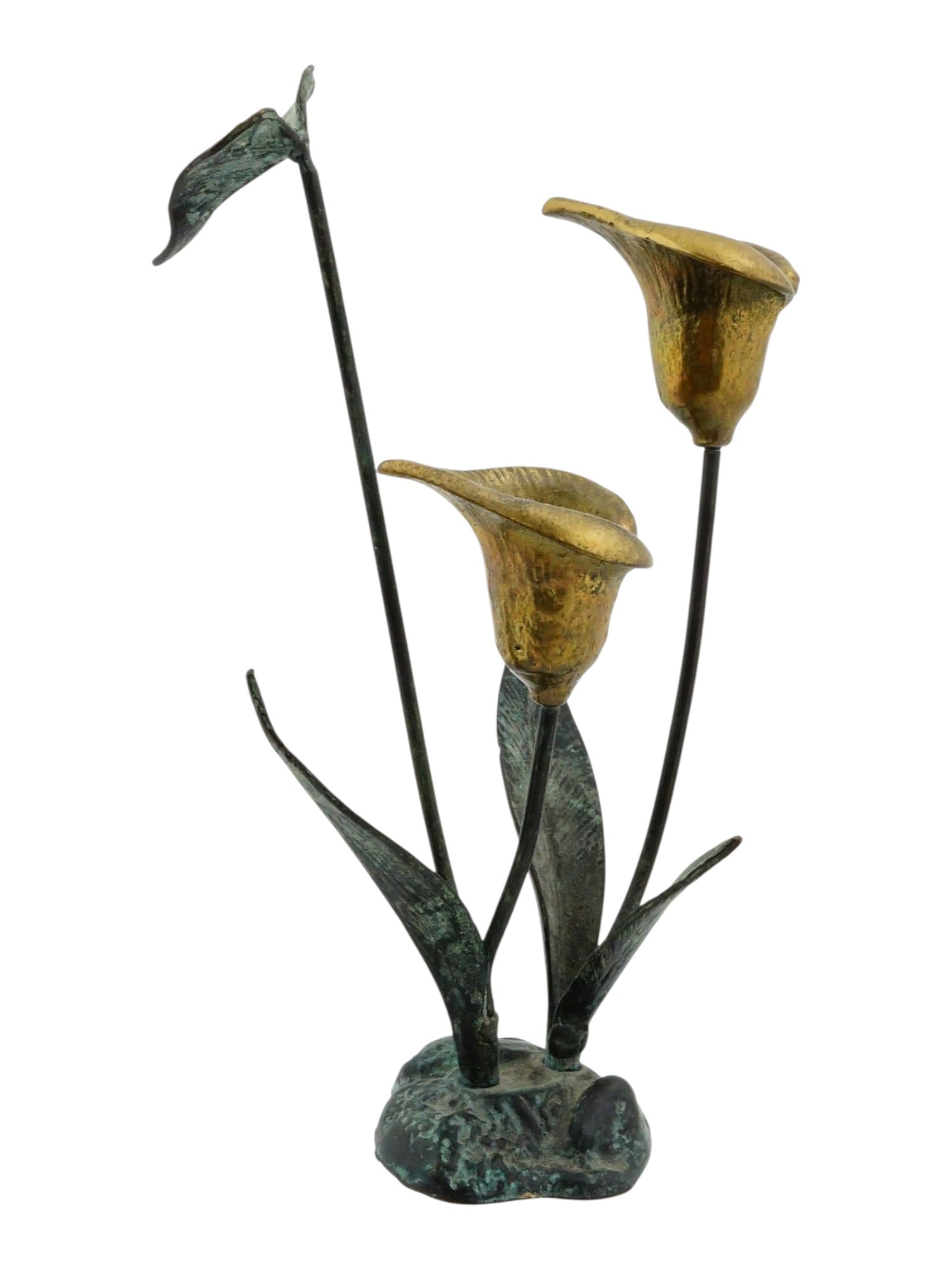 JACK HOUSMAN CALLA LILY BRASS CANDLE HOLDER: A vintage Jack Housman decorative candle holder made of patinated brass. The item is modeled in the shape of two Calla Lily raised on the base. Unmarked. Home Decor and Collectibles. THIS LOT IS ELIGI