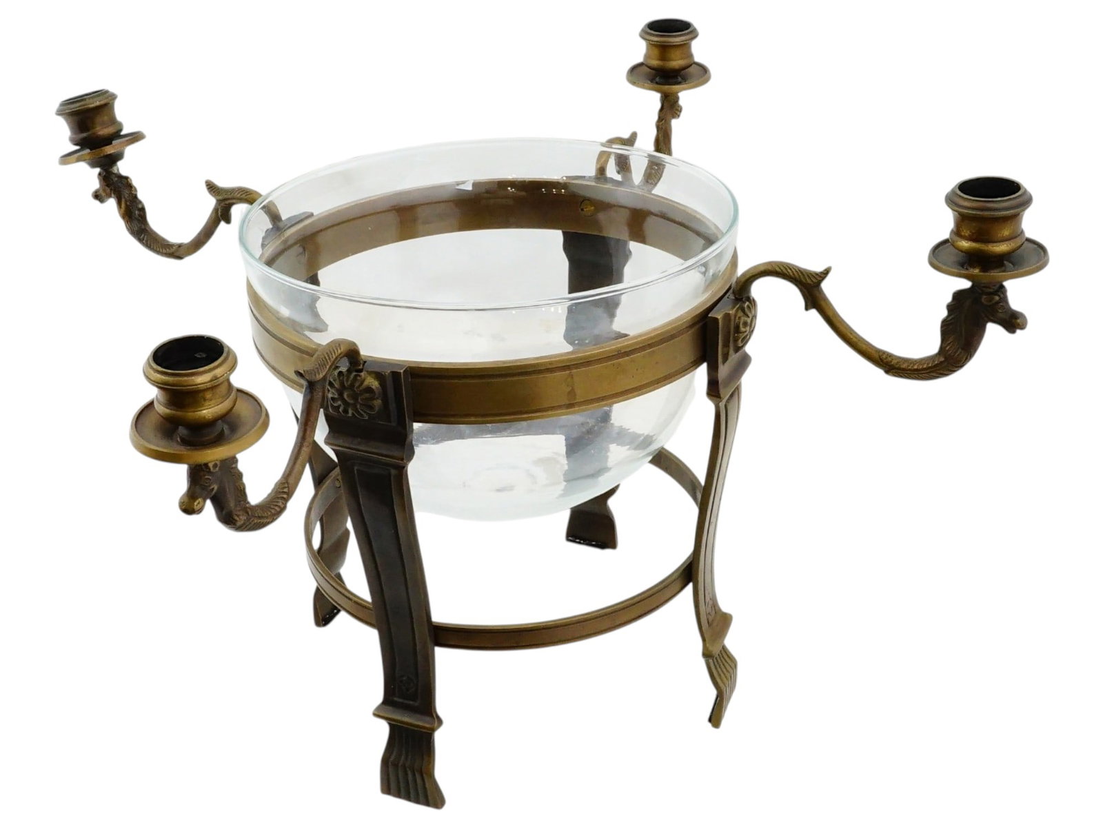 VINTAGE BRONZE CENTERPIECE CANDELABRA VASE W GLASS BOWL: A vintage bronze centerpiece candelabra vase with a glass bowl. The metal tripod stand features four decorative branches arms for classic candles. The candle holders and base legs are crafted in a cla