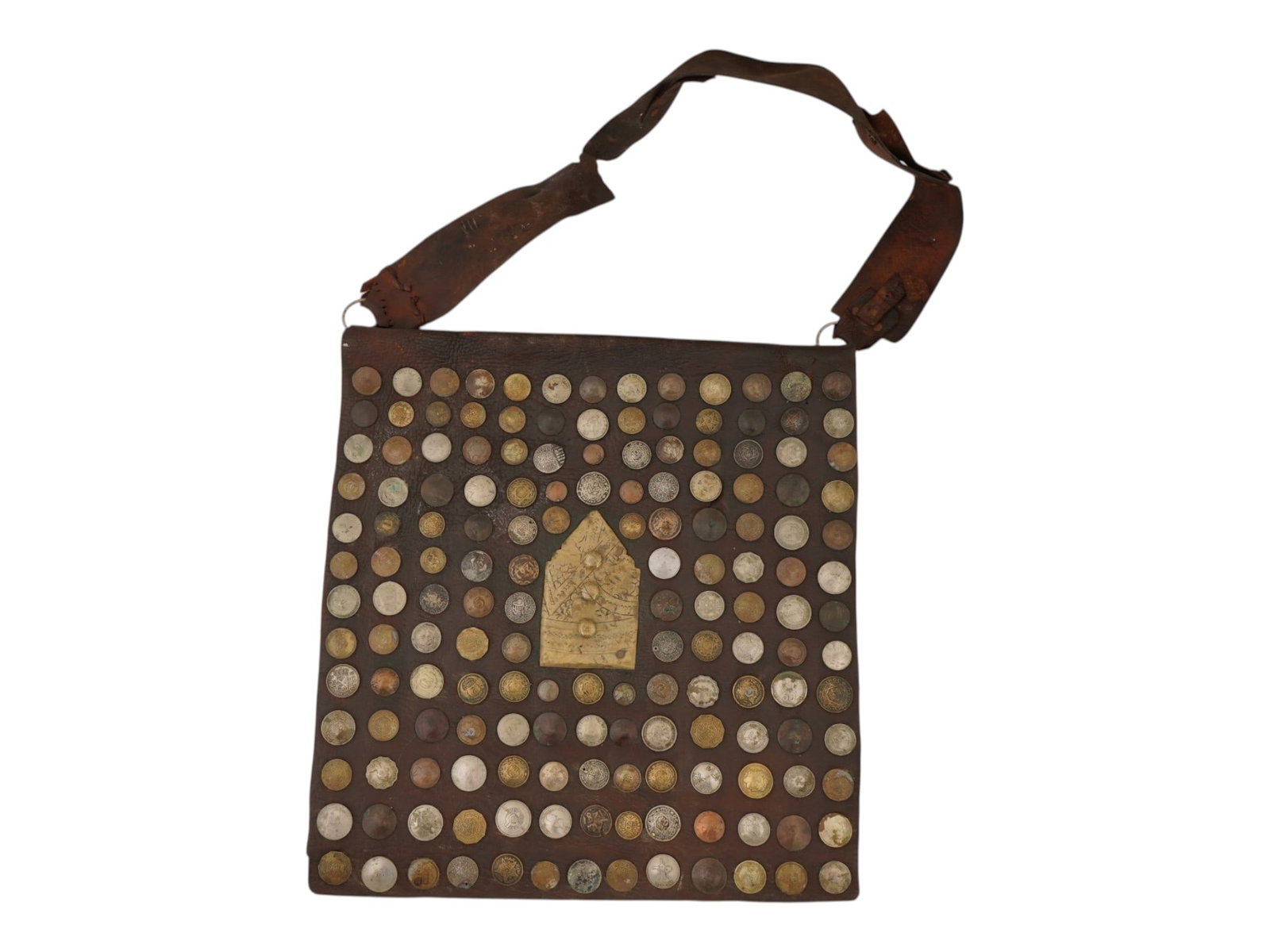 ANTIQUE MOROCCAN LEATHER WATER CARRIER BAG W COINS (1 of 10)