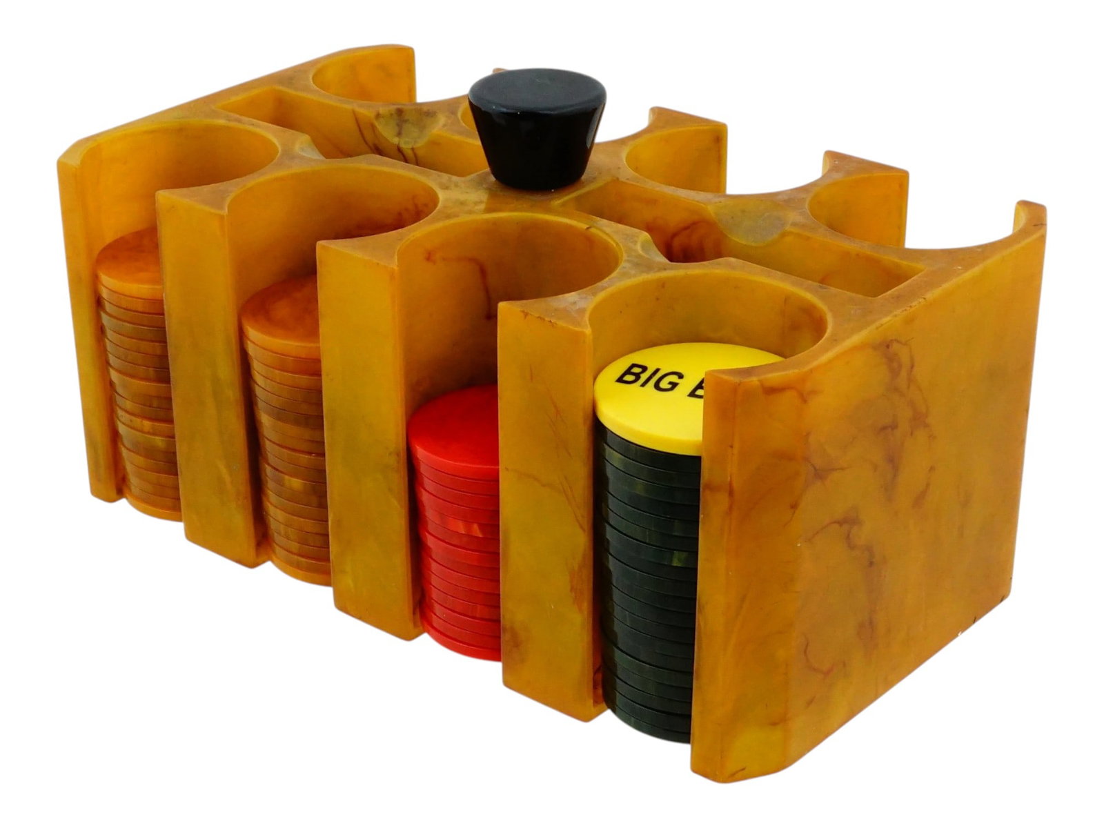 VINTAGE GAMING SET OF BAKELITE POKER CHIPS W RACK (1 of 11)