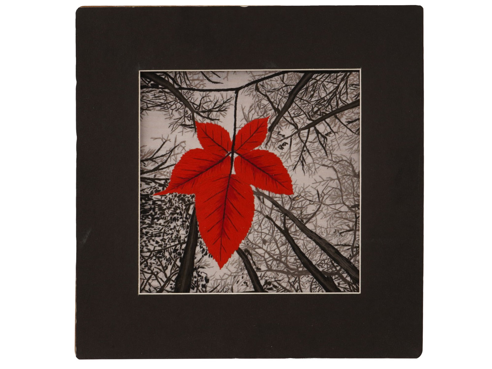 KING SILK ART SUSHO SILK EMBROIDERY RED LEAF ARTWORK: A framed artwork features a meticulously hand stitched depiction of a vibrant red autumn leaf set against a monochromatic background of intertwined branches, executed in the traditional Suzhou silk em