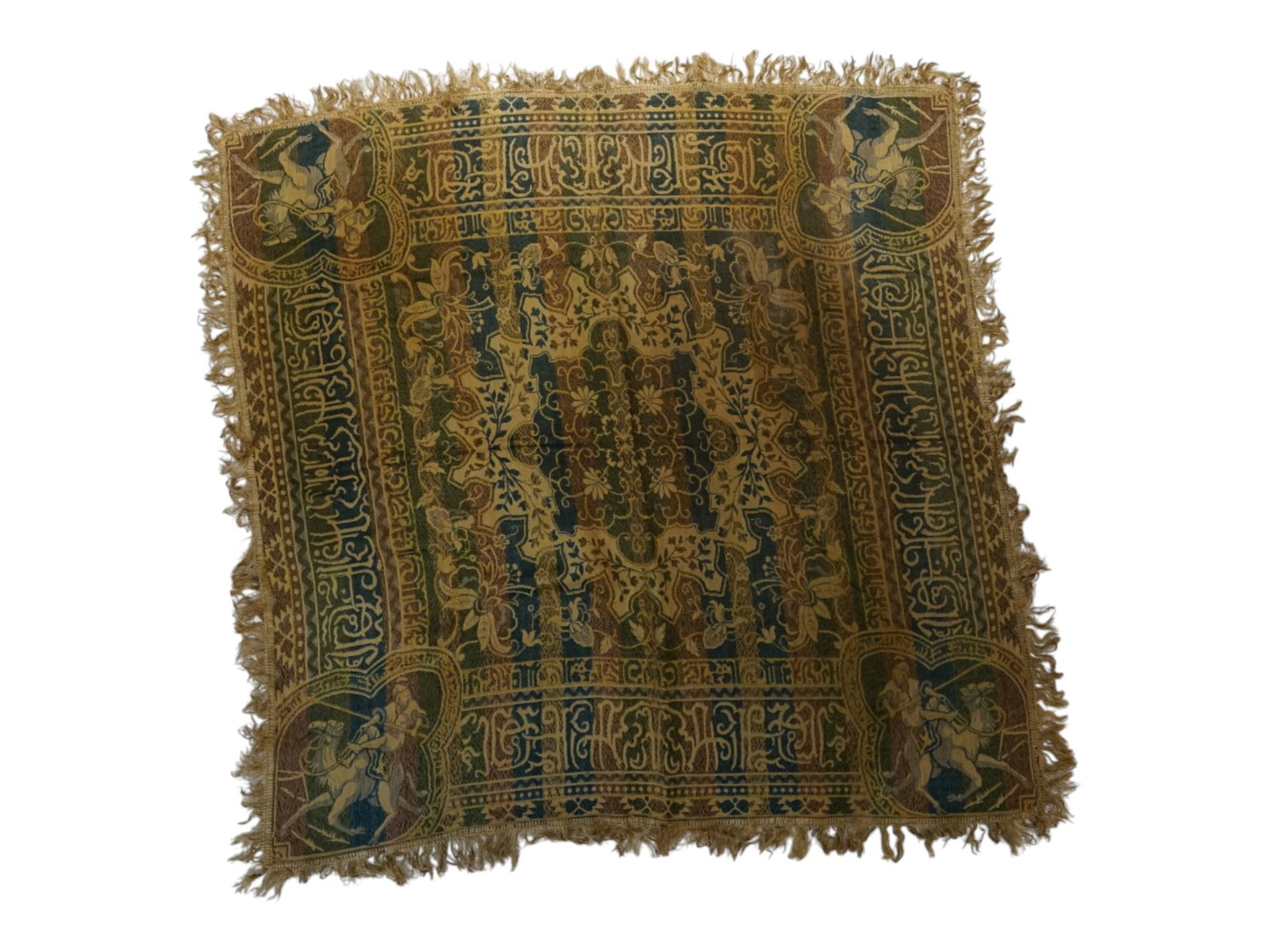 VINTAGE ISLAMIC SILK BROCADE TABLE CLOTH: A vintage silk brocade tapestry or table cloth. Square in shape, with fringes. Features floral ornaments, stylized Arabic calligraphy, and images of camel riders. Brown, yellow, green, and dark blue c