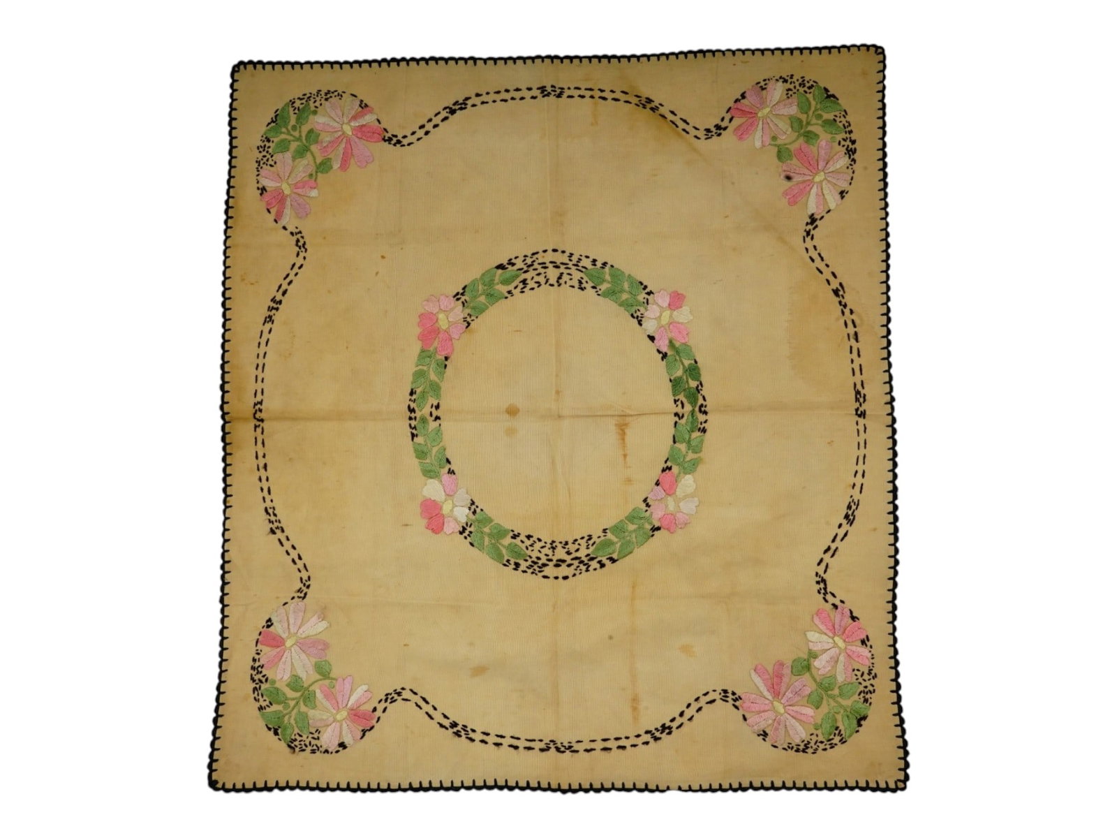 ANTIQUE TEXTILE TABLECLOTH W EMBROIDERED FLOWERS (1 of 3)