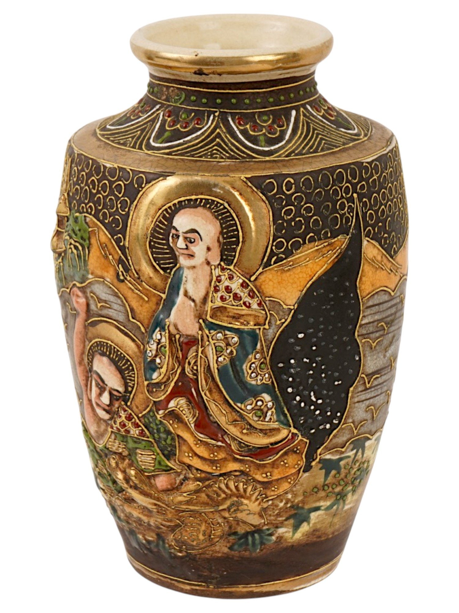 SATSUMA MANNER GENRE SCENE HAND PAINTED CERAMIC VASE: A vintage ceramic vase made in the Satsuma manner, a type of Japanese pottery originally from Satsuma Province. The vase has a tapered body and a fluted mouth. The exterior of the vase is adorned with