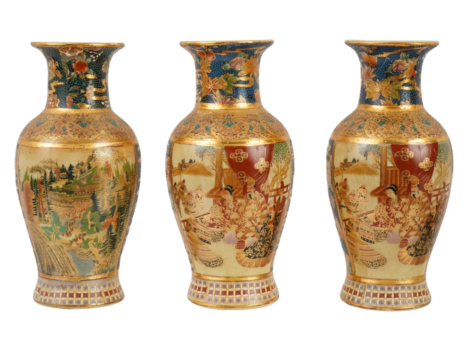 THREE JAPANESE SPLENDORE MEIJI SATSUMA STYLE VASES: A group of three Japanese baluster shaped vases from the Splendore Meiji collection, executed in the traditional Satsuma style. Each vessel features a crackle-glaze ground extensively decorated with p
