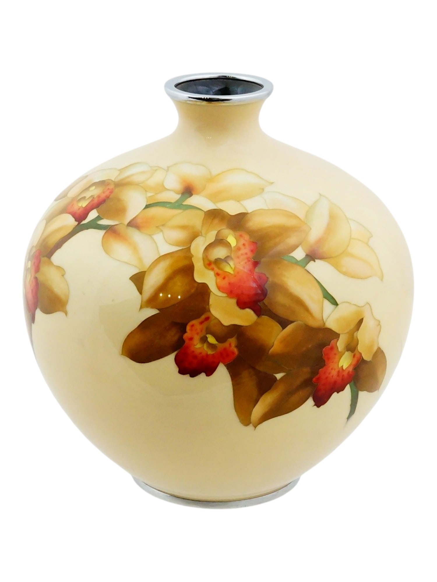RARE ANTIQUE JAPANESE EDO PERIOD CLOISONNE ENAMEL VASE: A rare antique Japanese cloisonne enamel vase. Tokugawa shogunate, also known as the Edo period, 1603 to 1868. The superb round vase with a smooth, light yellow surface and a short, narrow neck. The b