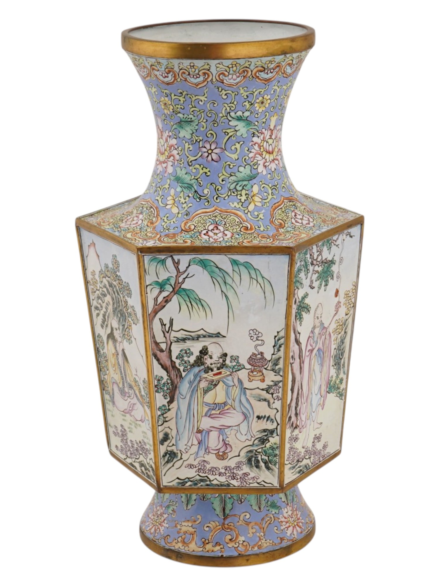 CHINESE FAMILLE ROSE HEXAGONAL ENAMELED METAL VASE: A Chinese hexagonal enameled metal vase. Crafted using the Famille Rose technique, the body features faceted panels depicting genre scenes with figures from Chinese mythology in a landscape setting. T