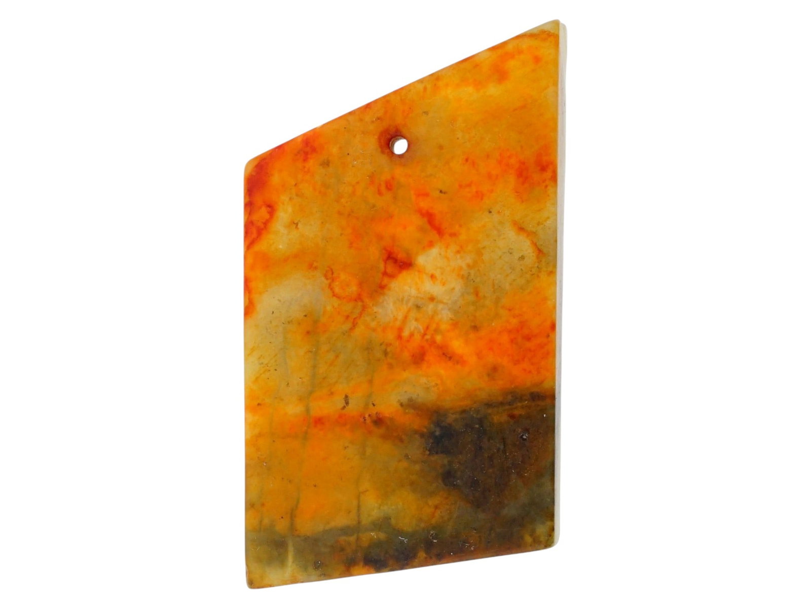 CHINESE ARCHAISTIC RUSSET JADE INSCRIBED AXE PLAQUE: A Chinese archaistic jade pendant plaque styled after ancient ritual blades or tablets, featuring a rectangular body with a characteristic asymmetrical, sharply slanted top edge. The piece is fashione