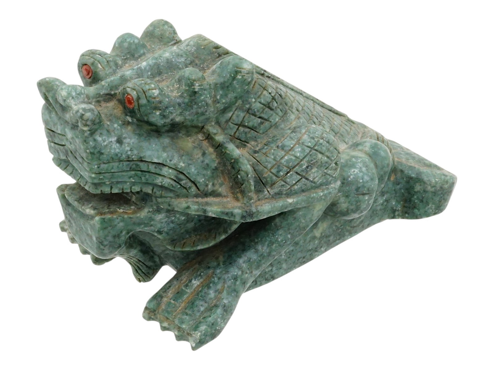 VINTAGE CHINESE CARVED JADE MONEY FROG FIGURINE: A vintage Chinese hand-carved jade stone sculpture. The piece represents a dragon or frog with open mouth, intended to hold a fortune coin. The eyes are set with red stones. Collectible Chinese Decor,