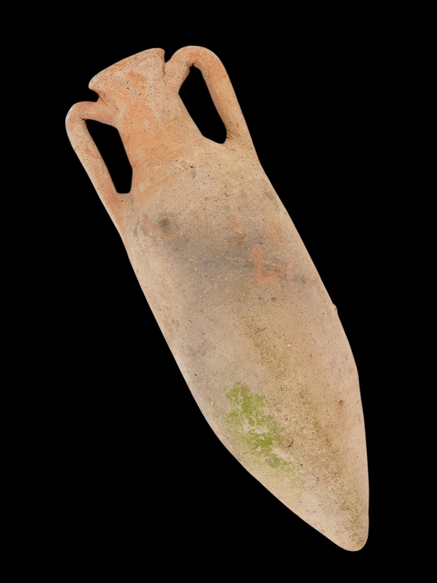 ANCIENT ROMAN TERRACOTTA AMPHORA CA 100 TO 300 AD: An ancient Roman terracotta amphora dating from approximately 100 to 300 BC. The vessel features the classic elongated body with twin vertical handles and a narrow neck, designed for the storage and t