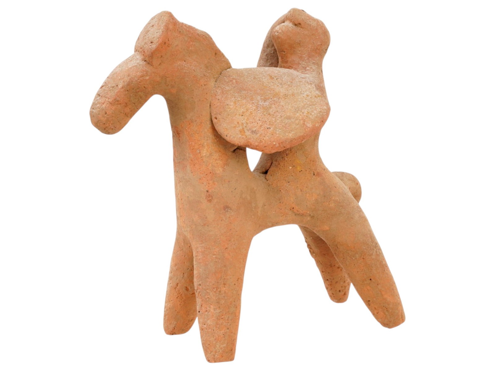 ANCIENT GREEK TERRACOTTA POTTERY STATUE 600 TO 400 BC: An ancient Greek terracotta pottery statue, dating circa 600 to 400 BC. The statue depicts a gladiator riding a horse. Ancient Roman and Greek Terracotta Pottery Statues, Figures, Figurines, Museum Pi