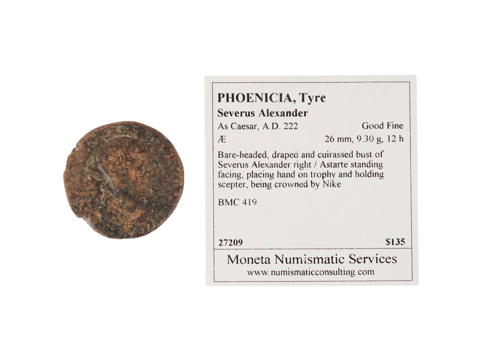 ANCIENT PHOENICIAN TYRE TETRADRACHM COIN: An Ancient Greek bronze coin. Phoenicia, Tyre, tetradrachm coin, rule of Severus Alexander, ca. 222 AD. Good Fine. Bare-headed, draped and cuirassed bust of Severus Alexander on the obverse. Astarte s