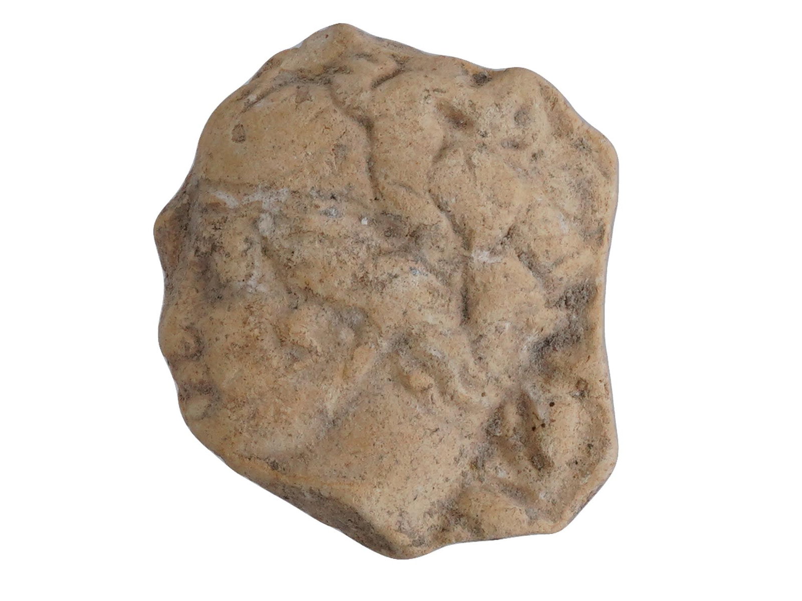 ANCIENT GREEK TERRACOTTA FACE FRAGMENT 500 TO 200 BC: An ancient Greek terracotta pottery fragment, dating from 500 to 200 BC. The ware features a relief image of a face in profile. Ancient Roman Terracotta Sculptures, Museum Pieces and Art Collectibles.