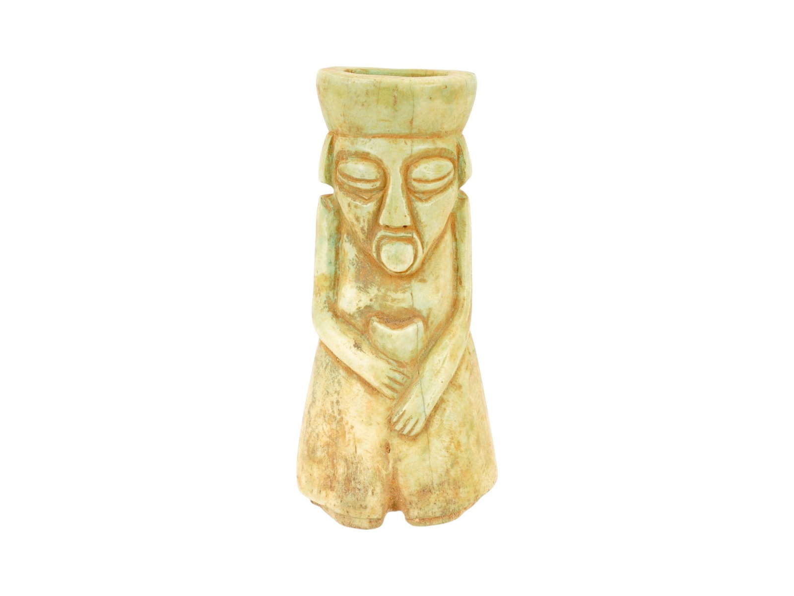 ANCIENT PRE COLUMBIAN SUFFERING EFFIGY FIGURAL VESSEL: An ancient Pre Columbian hand carved suffering effigy vessel featuring a stylized anthropomorphic figure, rendered with minimalist facial features and hands held to the chin in a classic offering pose