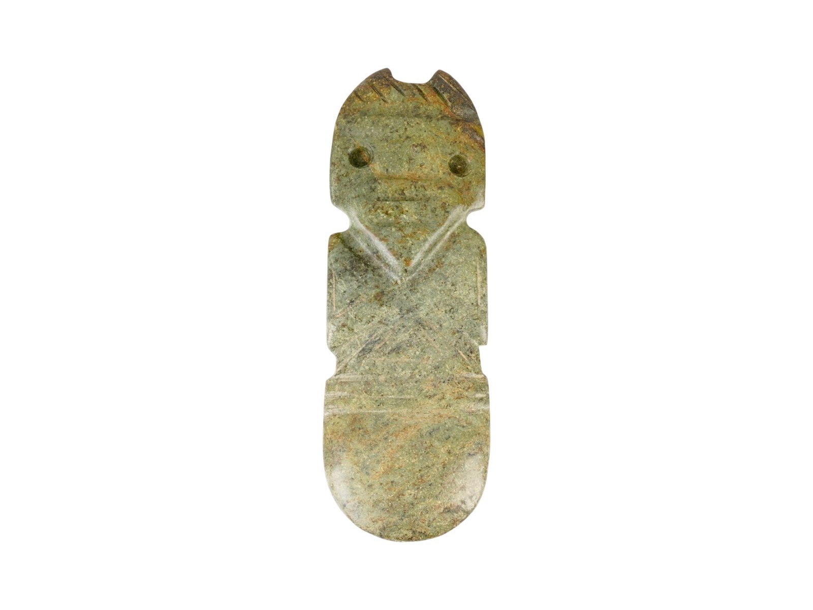 PRE COLUMBIAN CARVED JADE AXE GOD FIGURINE: A Pre Columbian carved Jade Axe God figurine. The elongated nearly oval piece with the upper portion meticulously carved to depict a stylized anthropomorphic figure with folded arms and a bifurcated h