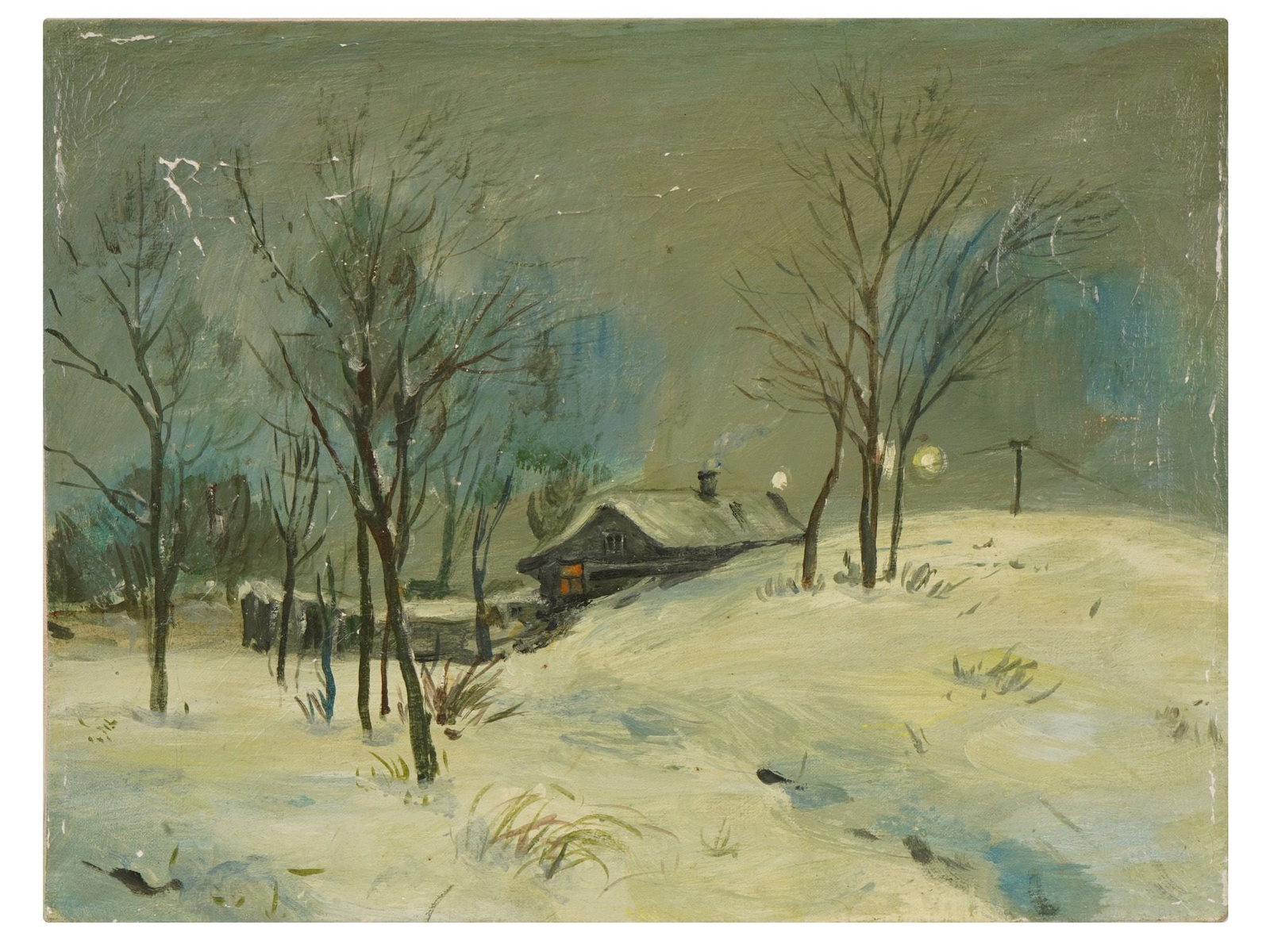 MID CENTURY WINTER LANDSCAPE OIL PAINTING SIGNED: Oil painting on canvas. Landscape view of a snow-covered hut. Signed on the backside. Dated ca. mid-20th century. Unframed. Collectible Fine Art, Rural Landscape, Figurative Painting, Wall Decor. THIS