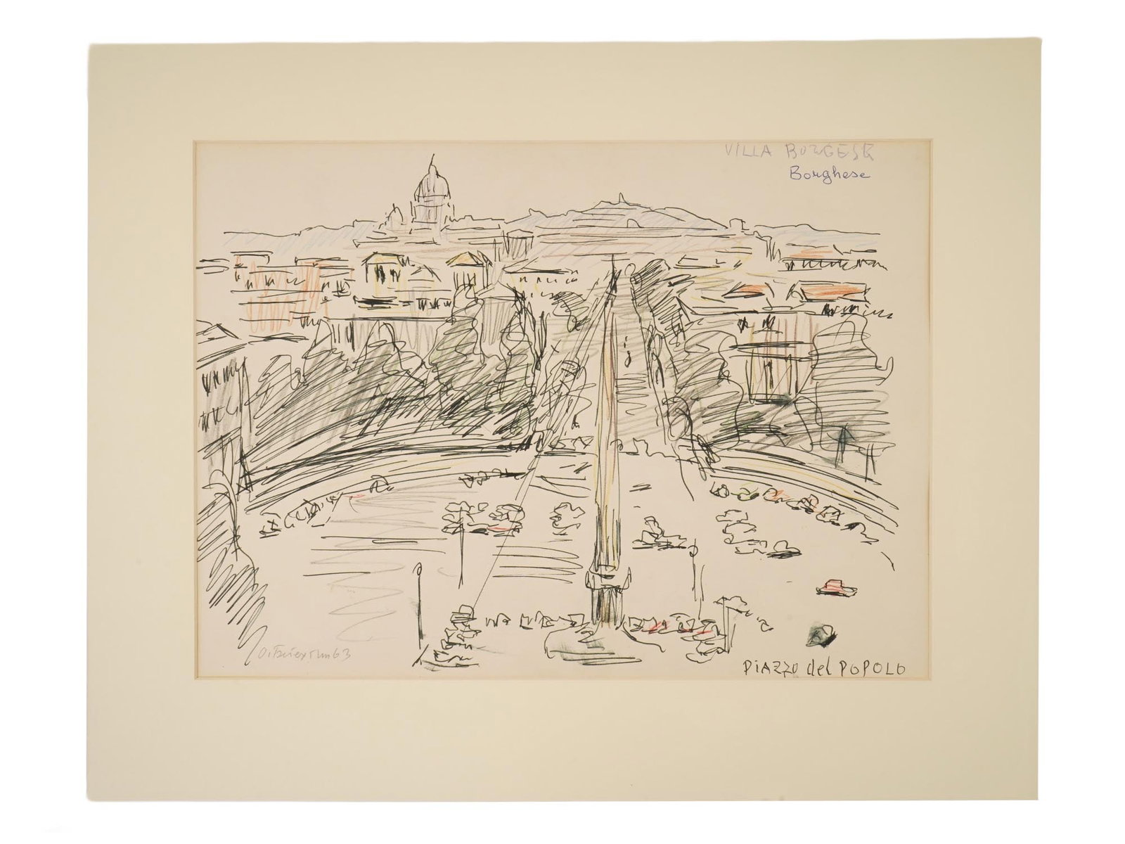 RUSSIAN MIXED MEDIA PAINTING SIGNED OREST BETEKHTIN: A mixed media painting on paper depicting an Italian cityscape, 1963. Signed in Cyrillic, O. Betekhtin and dated 63, lower left. Inscribed, Piazza Popolo, lower right. Inscribed, Villa Borghese, upper