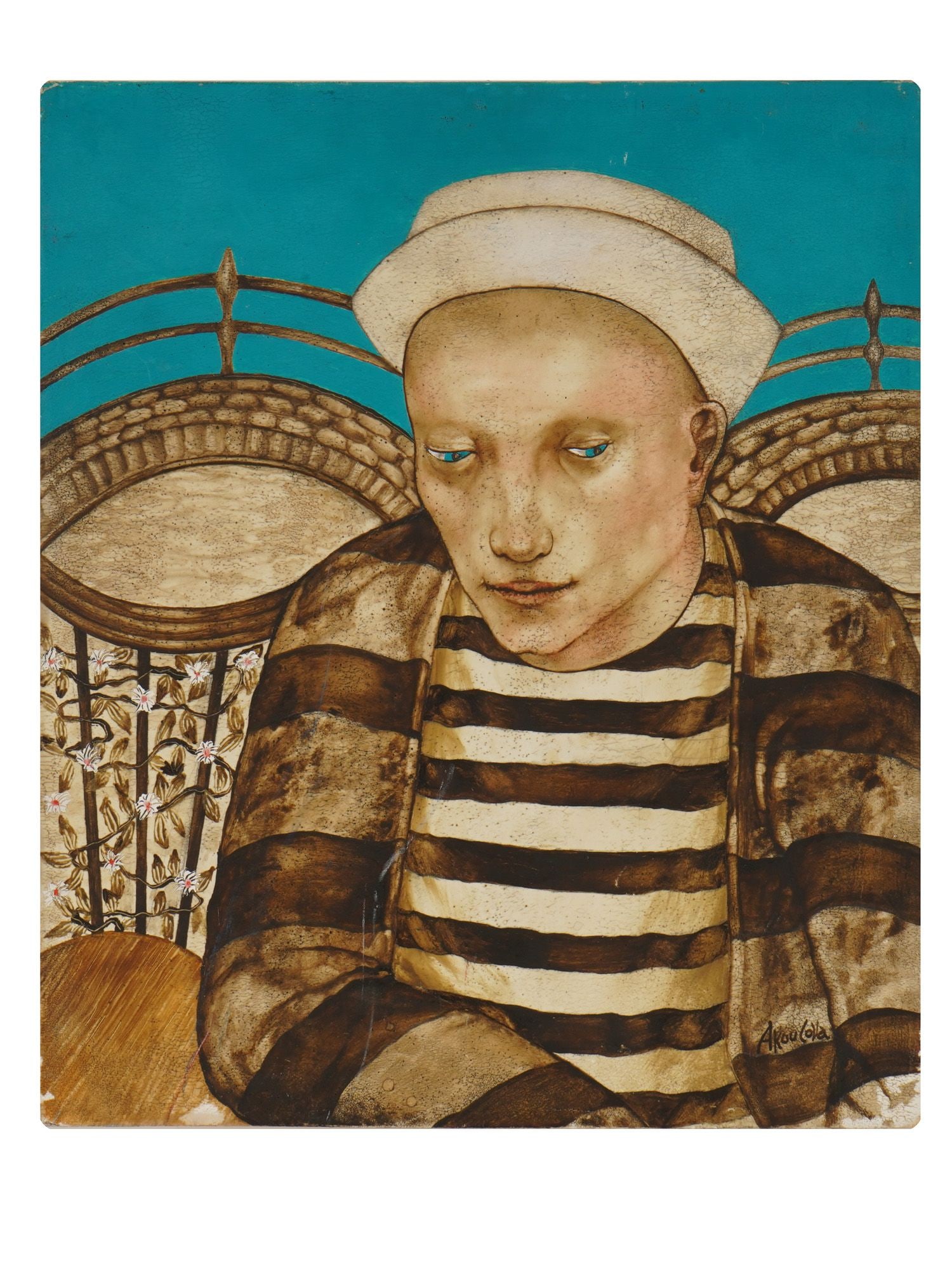 RUSSIAN PORTRAIT OIL PAINTING BY EVGENIA YELOVAYA: Evgenia Akulova Yelovaya, Russian, Soviet era, born 1986, an oil painting on wood board depicting a male portrait, 2006. Signed lower right. Additionally inscribed and dated, on the backside. Evgenia 