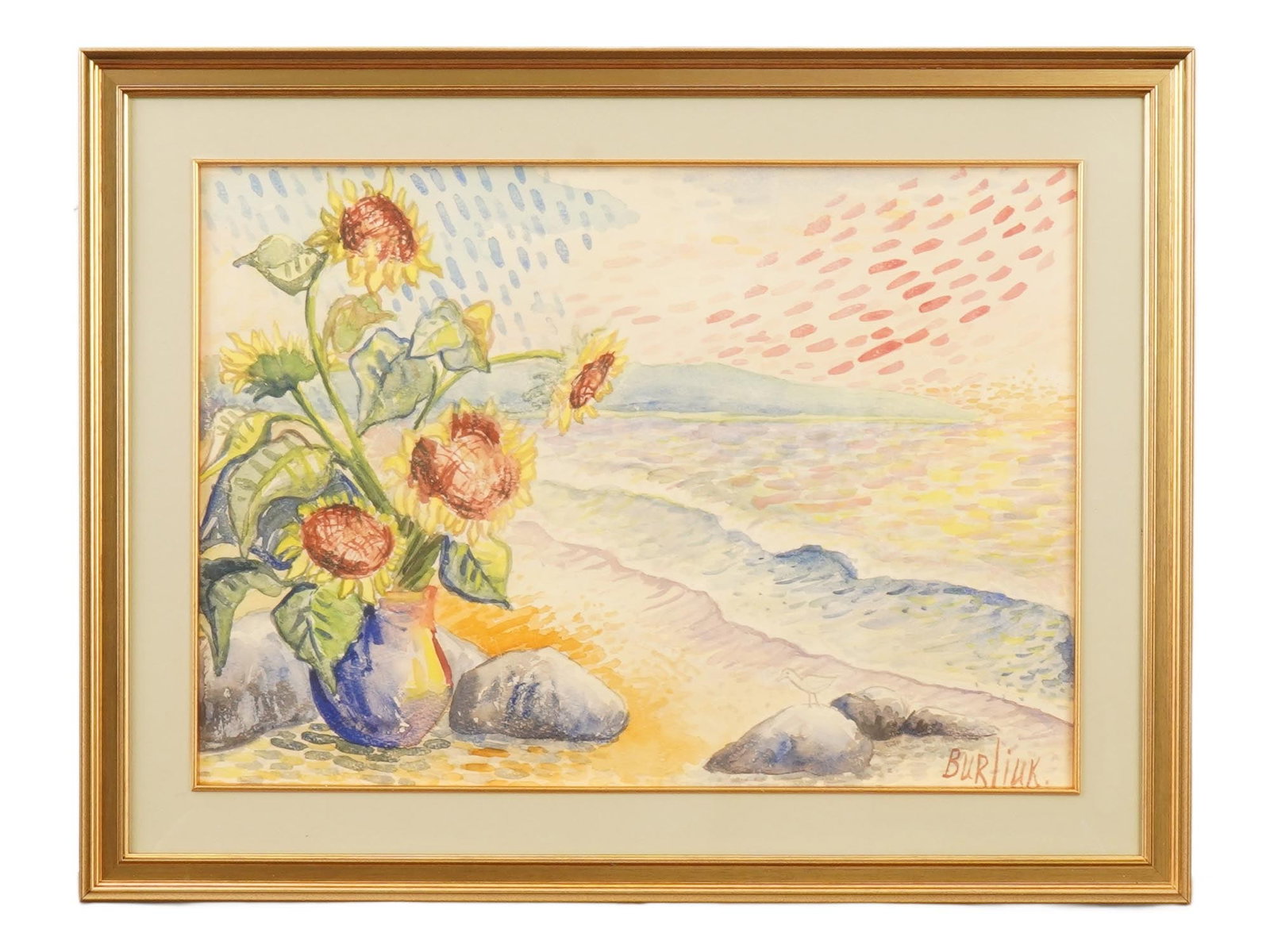 STILL LIFE WATERCOLOR PAINTING SIGNED DAVID BURLIUK: A watercolor painting on paper depicting a still life with flowers in a seascape. Signed, Burliuk, lower right. Framed. David Davidovich Burliuk, Ukrainian Soviet era, American, 1882 to 1967, was a po