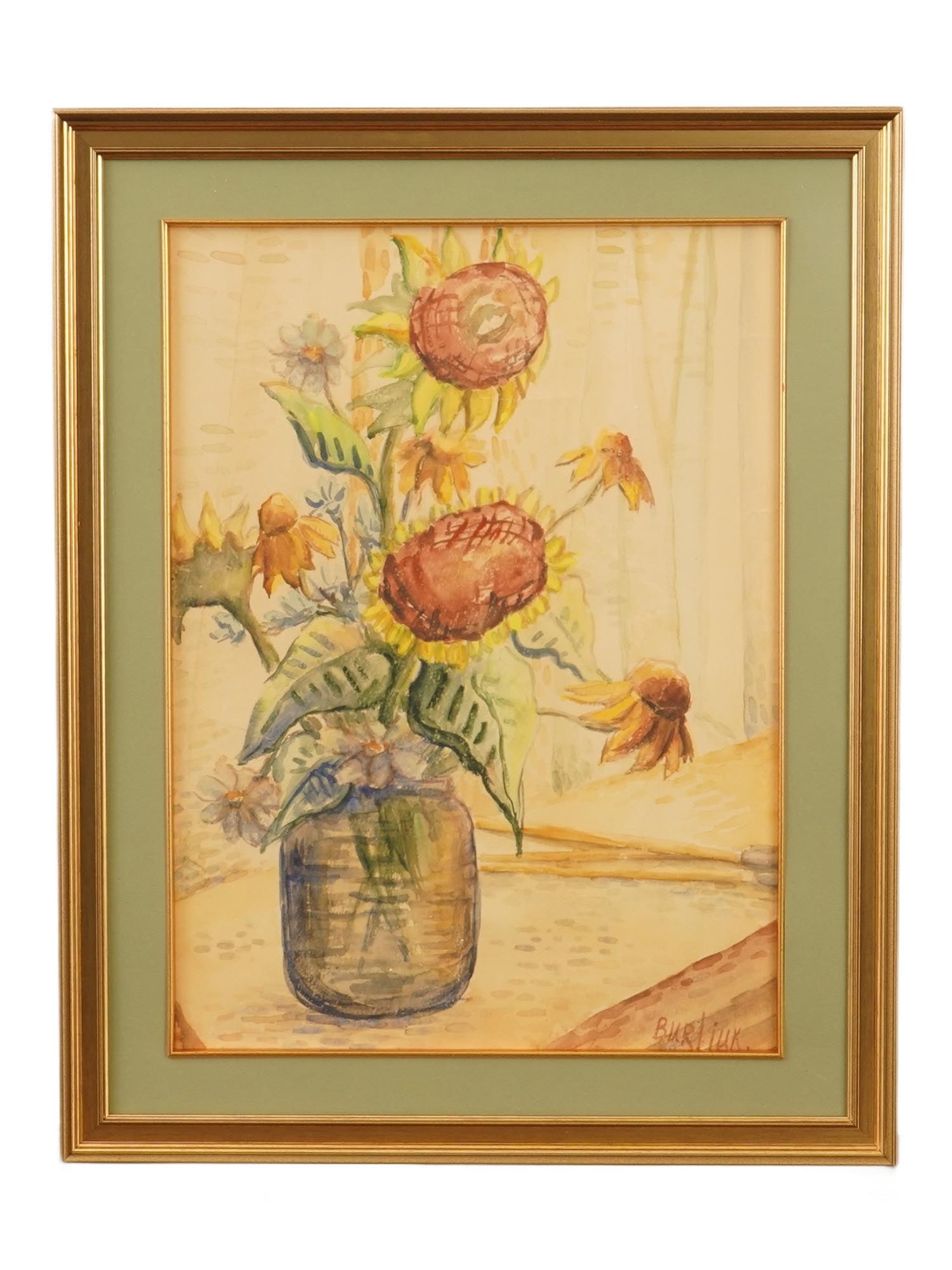 STILL LIFE WATERCOLOR PAINTING SIGNED DAVID BURLIUK: A watercolor painting on paper depicting a still life with flowers. Signed, Burliuk, lower right. Framed. David Davidovich Burliuk, Ukrainian Soviet era, American, 1882 to 1967, was a poet, artist and