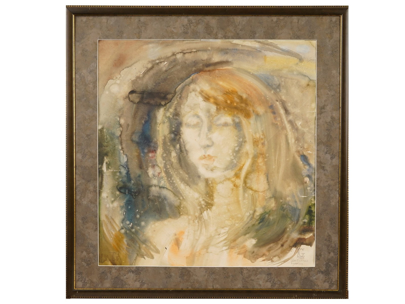 PORTRAIT WATERCOLOR PAINTING BY LYUDMILA GRITSENKO: Lyudmila Gritsenko, a Soviet Era painter, a watercolor painting on paper, depicting a portrait of a woman. Signed with monogram, dated 1969, inscribed, lower right. Signed with monogram, lower left. F