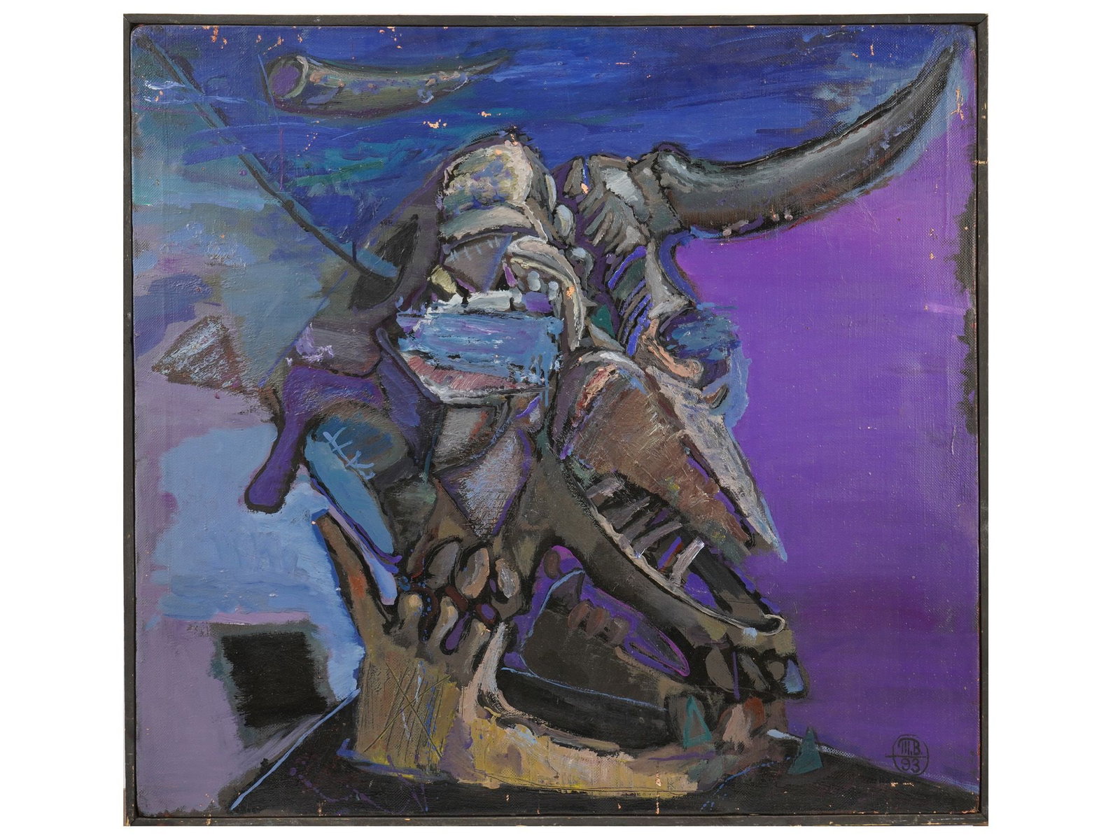 RUSSIAN UKRAINIAN SOVIET OIL PAINTING BY VASILY TRUSOV: Vasily Trusov, Russian, Ukrainian, Soviet era, born 1955, an oil painting on canvas, Force and Time, 1993. Signed with monogram and dated 93, lower right. Framed. Additionally signed, inscribed, title