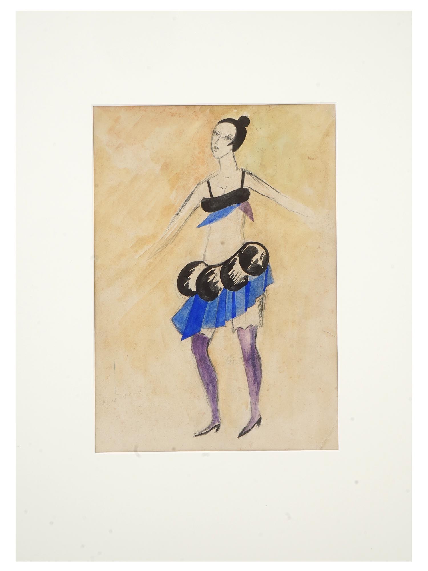 RUSSIAN COSTUME MIXED MEDIA PAINTING BY MOISEY LEVIN: Moisey Zelikovich Levin, Russian, Soviet era, Kazakh, 1896 to 1946, a mixed media, watercolor, gouache, and pencil, painting on paper depicting a costume design of a dancer for the Cabaret play. Inscr