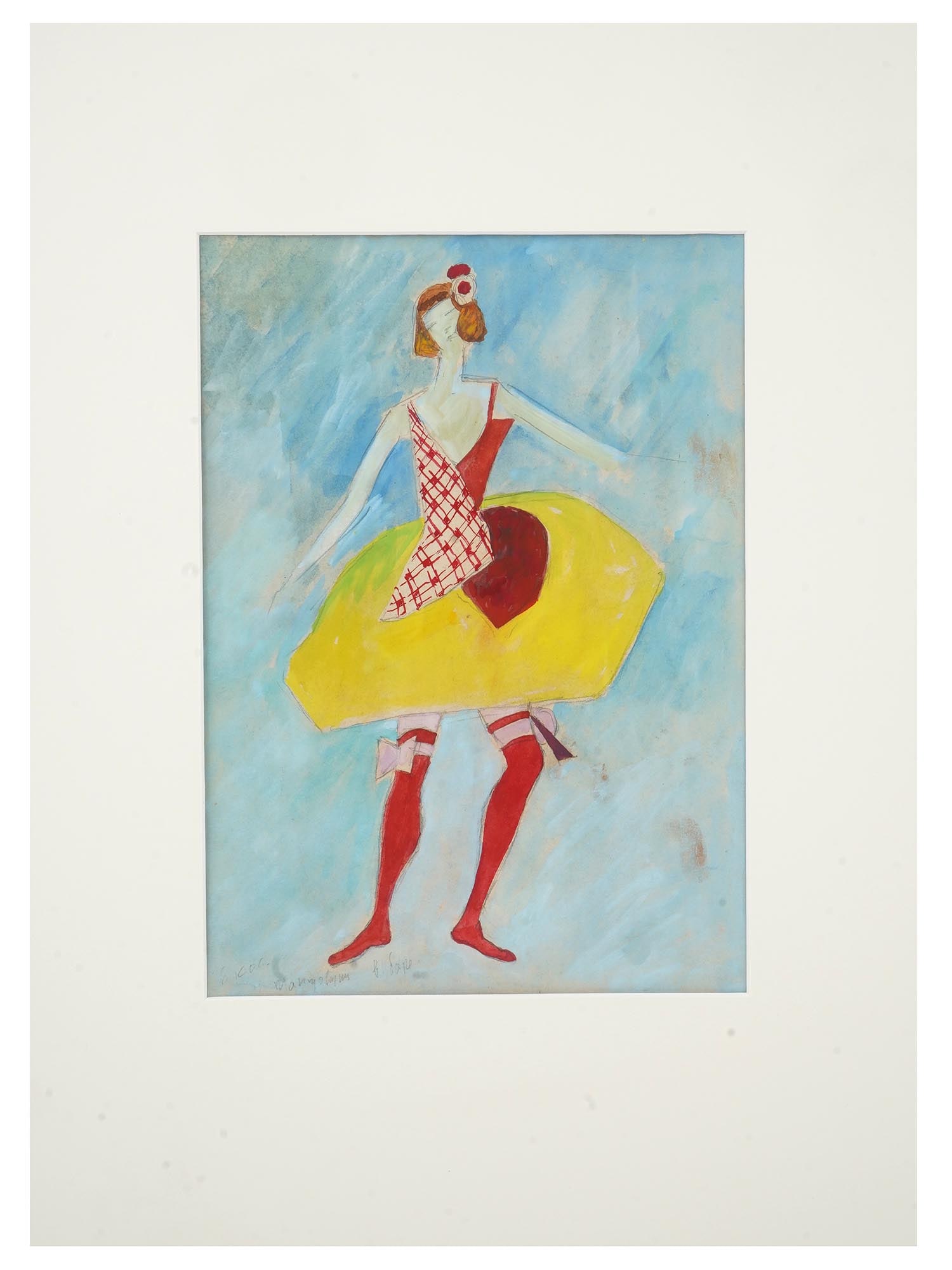 RUSSIAN COSTUME MIXED MEDIA PAINTING BY MOISEY LEVIN: Moisey Zelikovich Levin, Russian, Soviet era, Kazakh, 1896 to 1946, a mixed media, watercolor, gouache, and pencil, painting on paper depicting a costume design of a dancer in a bar for the Cabaret pl