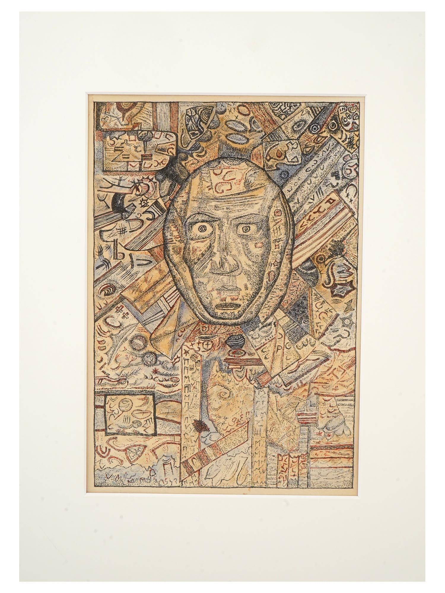 RUSSIAN MIXED MEDIA PAINTING AFTER PAVEL FILONOV: A Russian mixed media painting on paper in the manner of Analytical Realism after the original mixed media painting, Head, 1923, by Pavel Filonov, Russian, Soviet era, 1883 to 1941. Unsigned. Matted. 