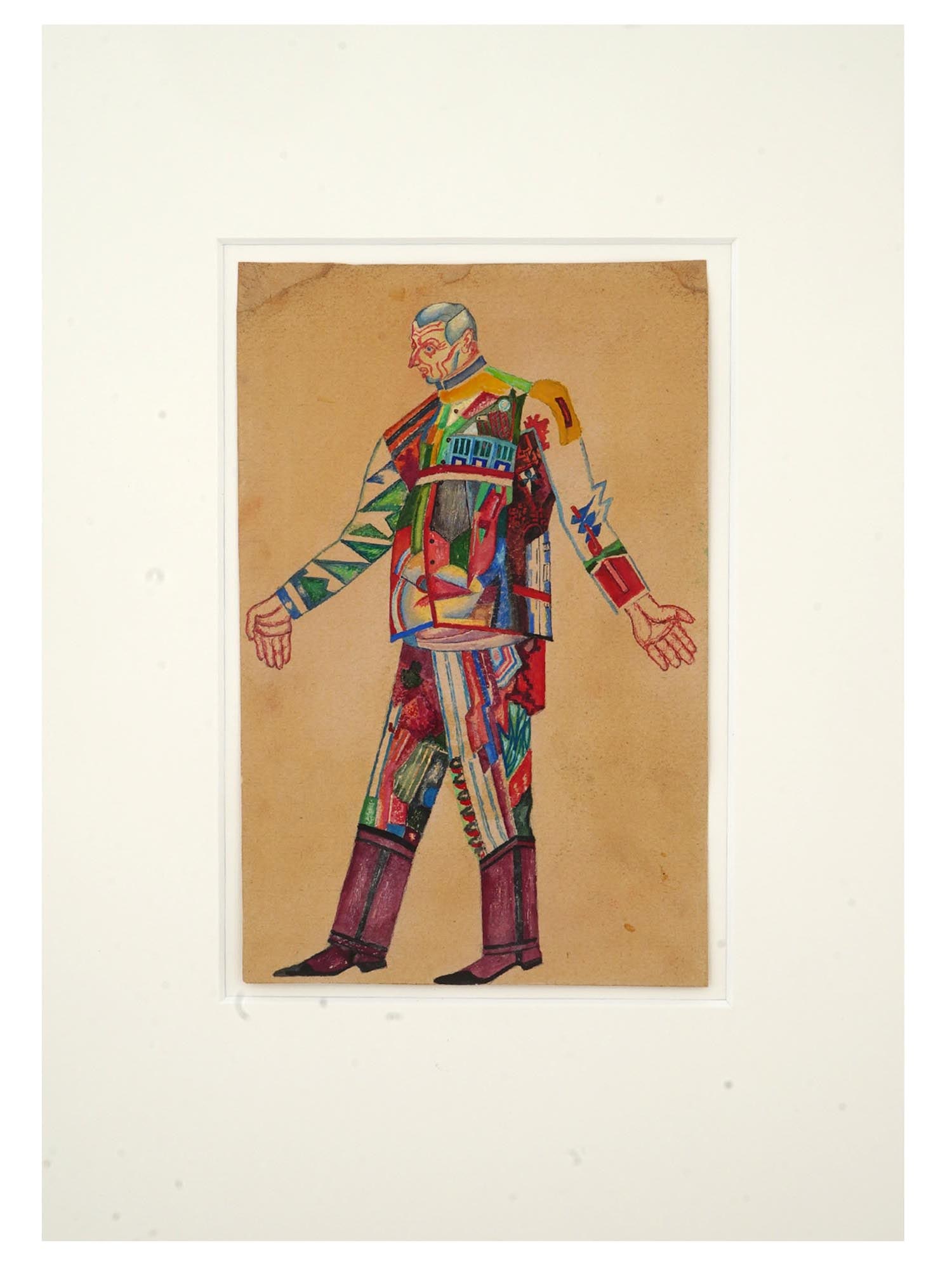 COSTUME DESIGN MIXED MEDIA PAINTING AFTER EVGRAFOV: A Russian Pavel Filonov School mixed media painting on paper after the original costume design painting for the Trustee of Strawberry Charitable Institutions for the comedy by N.V. Gogol, The Inspecto
