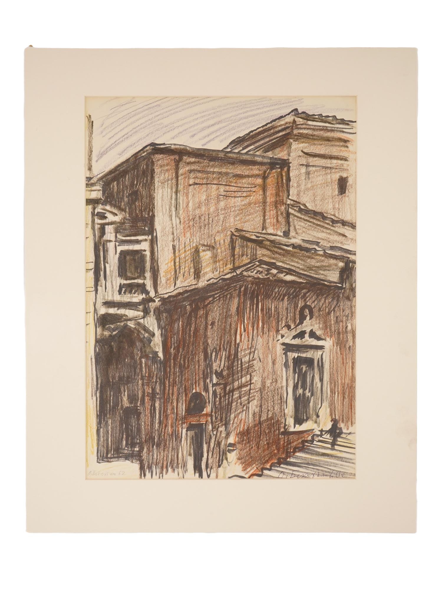 RUSSIAN MIXED MEDIA PAINTING SIGNED OREST BETEKHTIN: A mixed media painting on paper depicting a cityscape. Signed in Cyrillic, O. Betekhtin and dated 62, lower left. Signed in Cyrillic, O. Betekhtin and dated 60, lower right. Matted. Orest Georgievich 