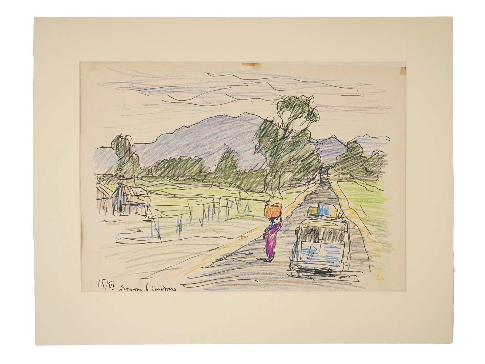 RUSSIAN MIXED MEDIA PAINTING SIGNED OREST BETEKHTIN: A mixed media painting on paper, The Road to Sigiriya, depicting a genre scene in a landscape. Signed in Cyrillic, O. Betekhtin, lower right. Titled in Cyrillic, lower left. Matted. Orest Georgievich 