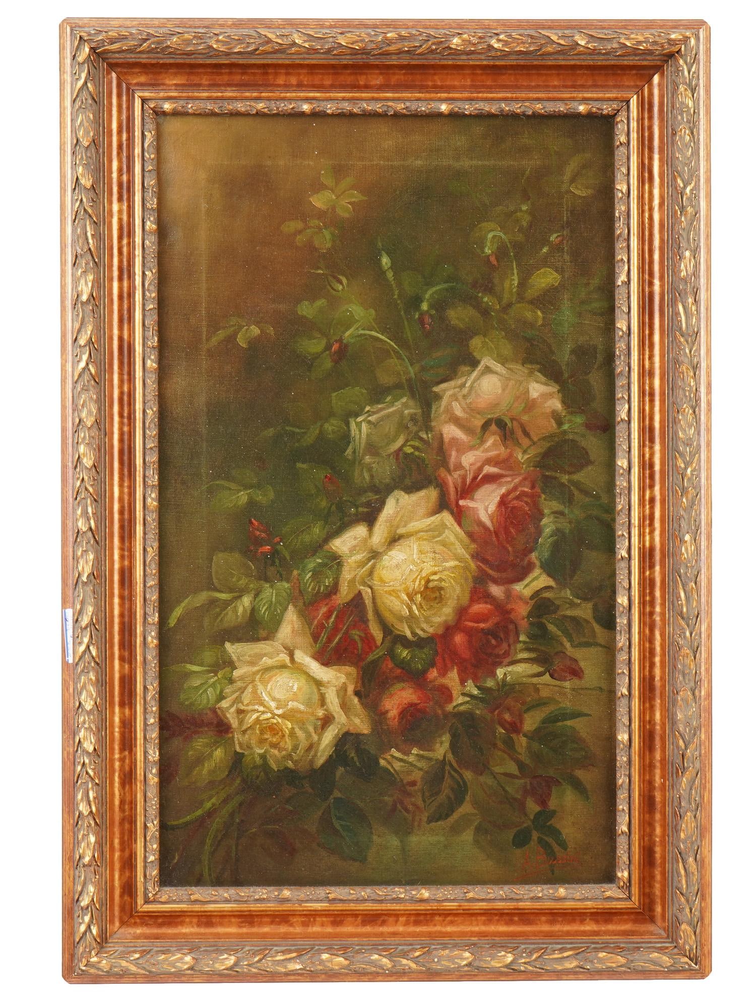 ANTIQUE ITALIAN OIL STILL LIFE PAINTING BY A BUCCINI: An antique Italian oil on canvas still life painting by A. Buccini. The painting features a lush arrangement of cream and pink roses set against a dark, atmospheric background of deep greens and earth