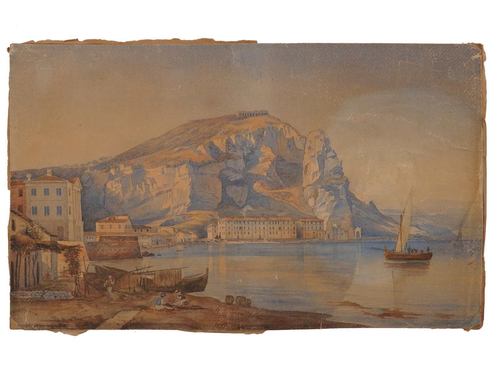 ANTIQUE 19TH C ITALIAN WATERCOLOR PAINTING SIGNED: An antique Italian watercolor painting on paper depicting a Terracina mountain sea scape, 1842. Signed with initials by the artist, titled, and dated, lower left. Terracina is an Italian resort city i