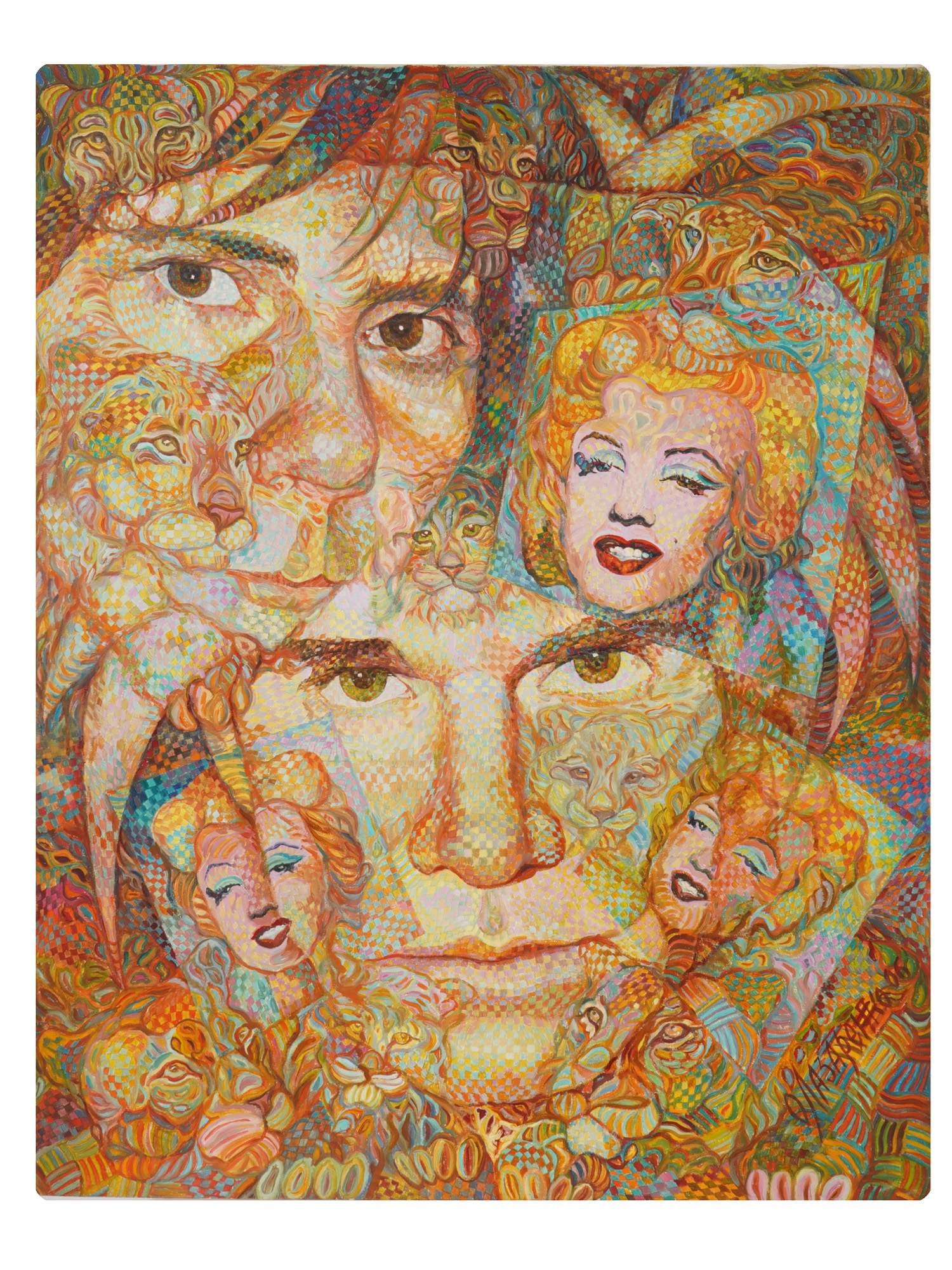UKRAINIAN POP ART OIL PAINTING BY OLEG LAZARENKO: Oleg Lazarenko, Ukrainian, born 1961, an oil painting on canvas, Dialogue about Pop Art Andy Warhol, 2005. Signed and dated, lower right. Additionally signed, titled, dated, and inscribed, on the back