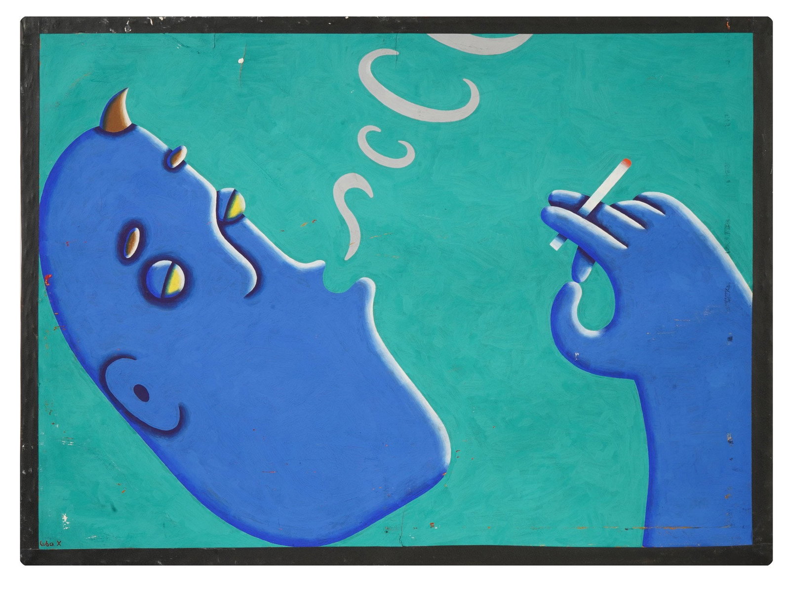 CONTEMPORARY ACRYLIC PAINTING SIGNED BY THE ARTIST: A Contemporary acrylic painting on canvas depicting a graphic stylized blue head with a hand holding a lit cigarette. The work is signed Cuba X in the lower left corner. Framed. Modernist and Contempo
