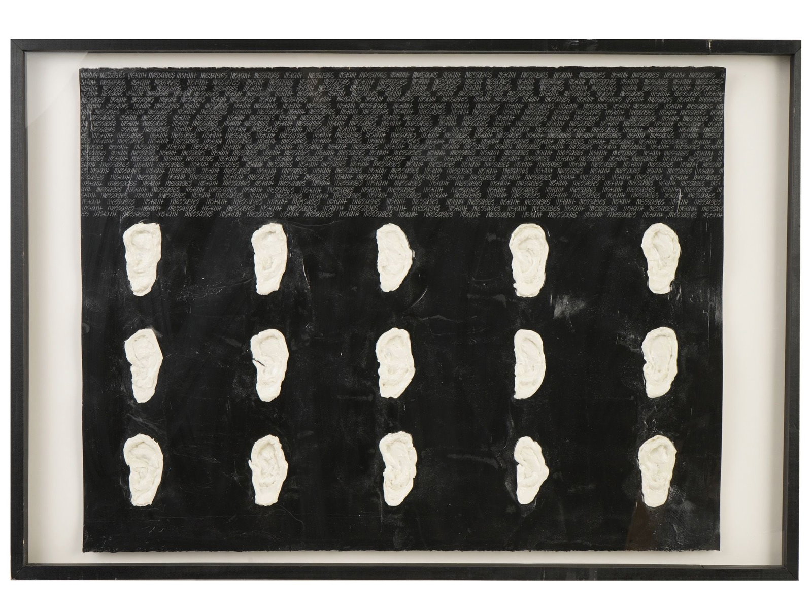 MODERN PAINTING SIGNED DODINA AND POLISHCHUK: A modern mixed media painting on paper signed Asya Dodina and Slava Polishchuk and titled Instant Messages #7, 2007, on verso. The conceptual composition combines a grid of sculptural ear forms with d
