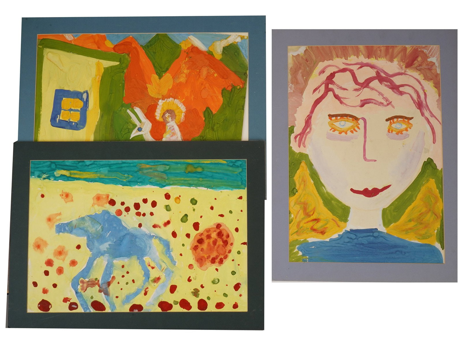 MODERN PRIMITIVIST STYLE MIXED MEDIA PAINTINGS: Three mixed-media paintings on paper executed in a naive, primitivist style. The collection includes a whimsical blue horse in a vibrant landscape, an angelic figure with outstretched wings, and a bol