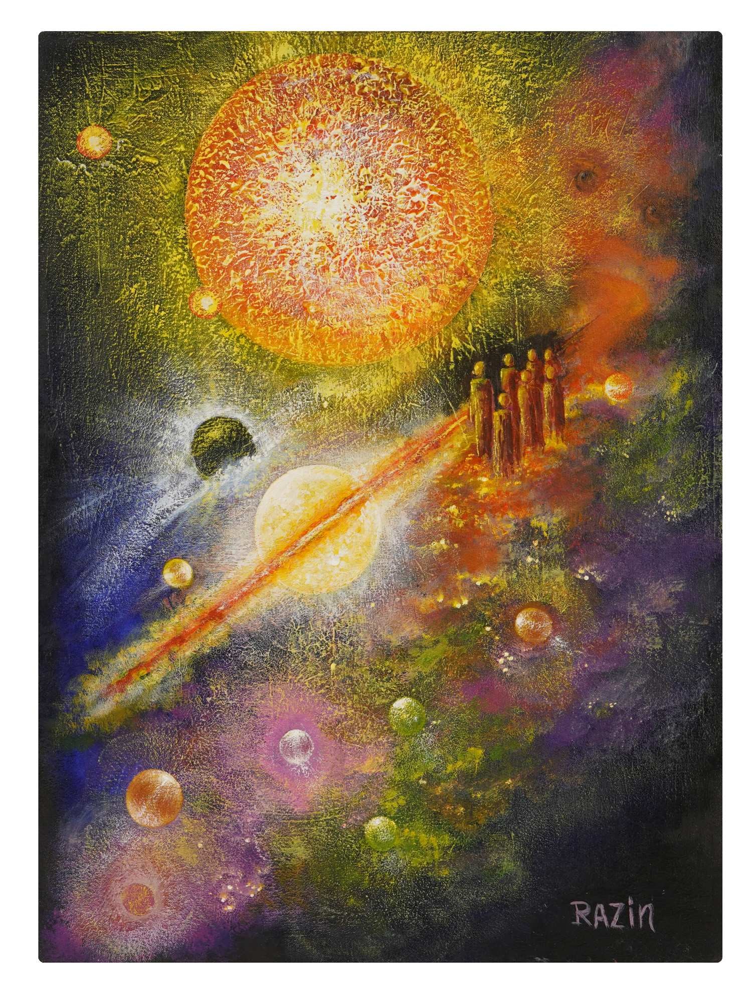 PAINTING SIGNED ESFIRA RAZIN COSMOS 2007: An oil painting on canvas. Signed Esfira Razin. Titled Cosmos and dated 2007 on verso. Depicts a dramatic celestial landscape with radiant stars, planets, and luminous cosmic forms. Modern Paintings A
