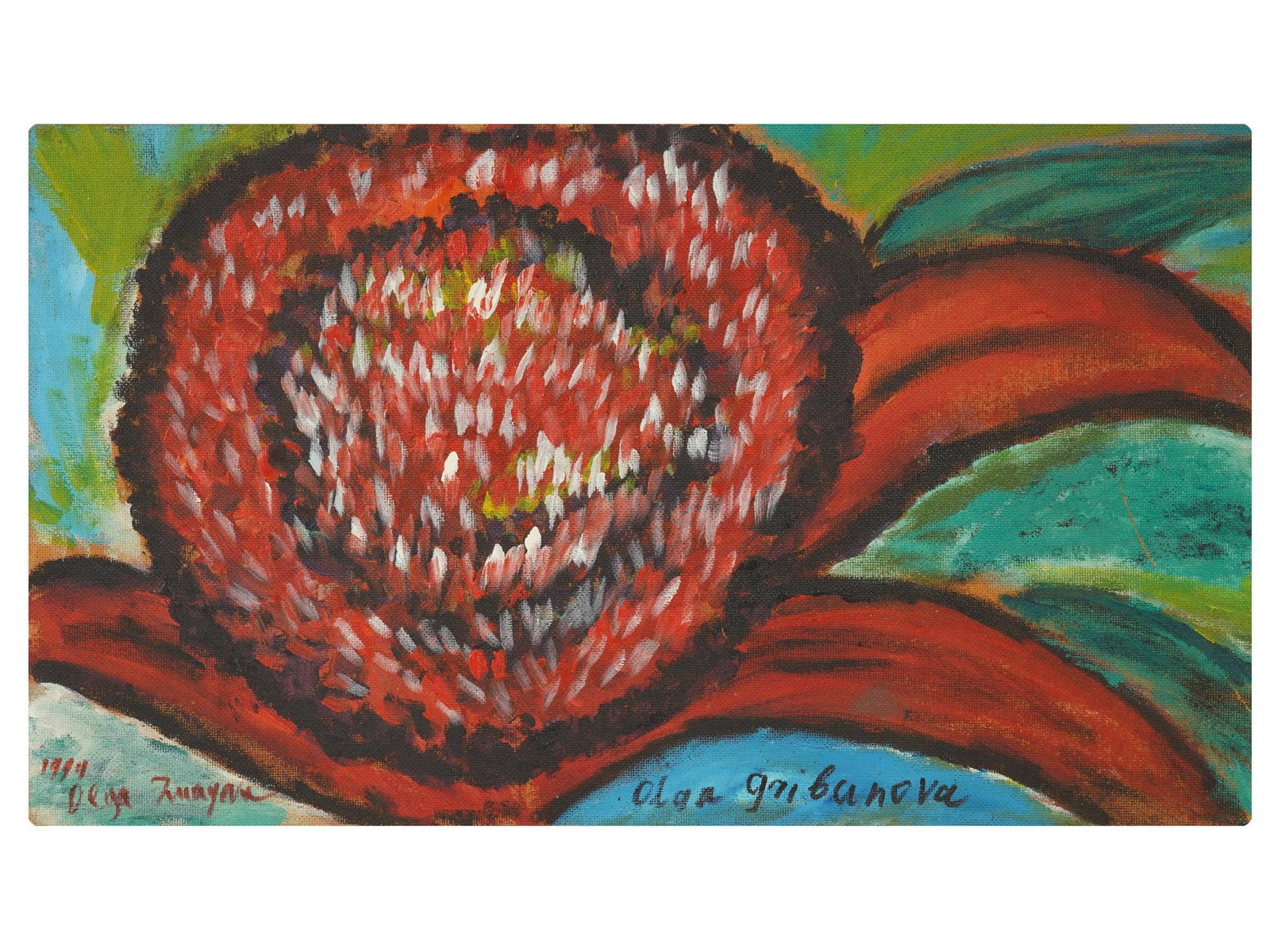 OLGA IMAYEVA-GRIBANOVA AMERICAN FLORAL OIL PAINTING: Olga Imayeva-Gribanova, Russian-American, born 1945, oil painting on masonite. Expressionist depiction of a red flower. Dated 1994. Signed lower left, bottom middle, and on the backside. Unframed. Olg