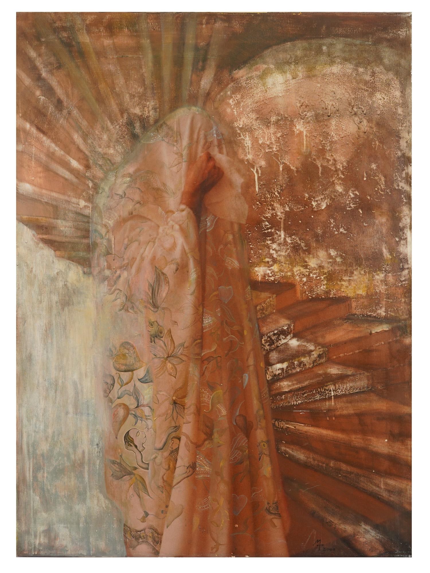 AZERBAIJANI OIL PAINTING BY MARGARITA GODGELF 2005: A modern Azerbaijani oil painting on canvas by Margarita Godgelf, titled Stairs. The Symbolist painting of a covered female figure features a vertical arrangement of warm-toned pigments, including och