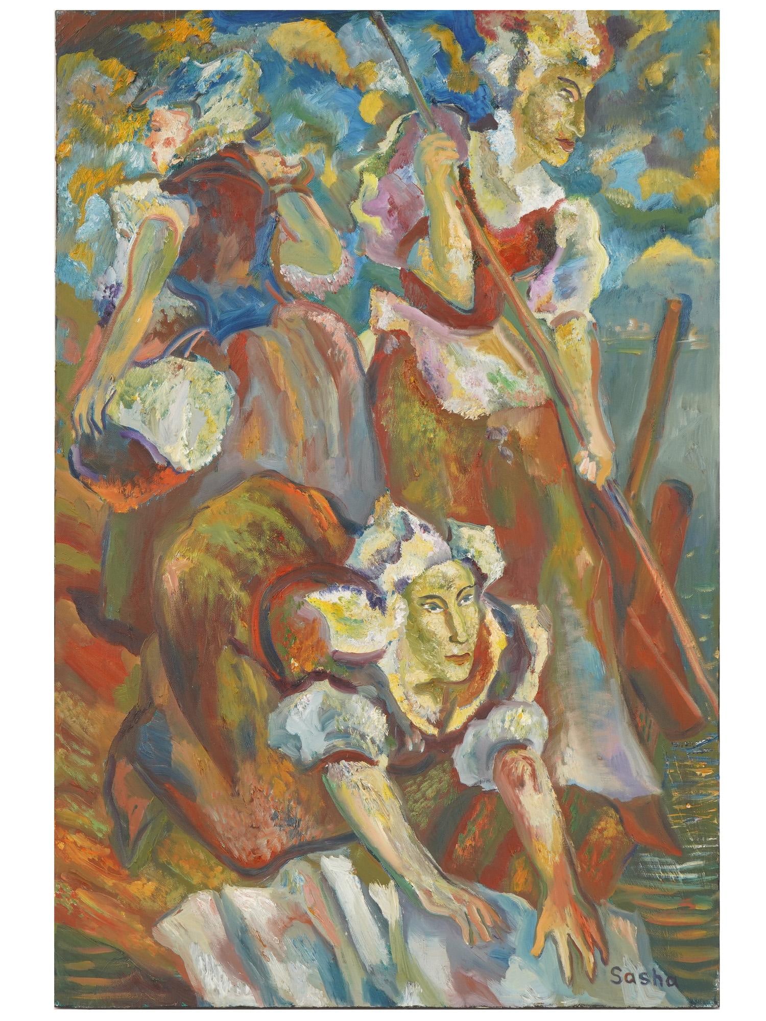 ALEXANDR TRACHISHIN UKRANIAN GENRE OIL PAINTING: Alexandr Trachishin, alias Sasha, Ukranian-American, 21st century, oil painting on canvas. A vibrant, loosely rendered scene of three women in traditional European peasant dress engaged in work along 