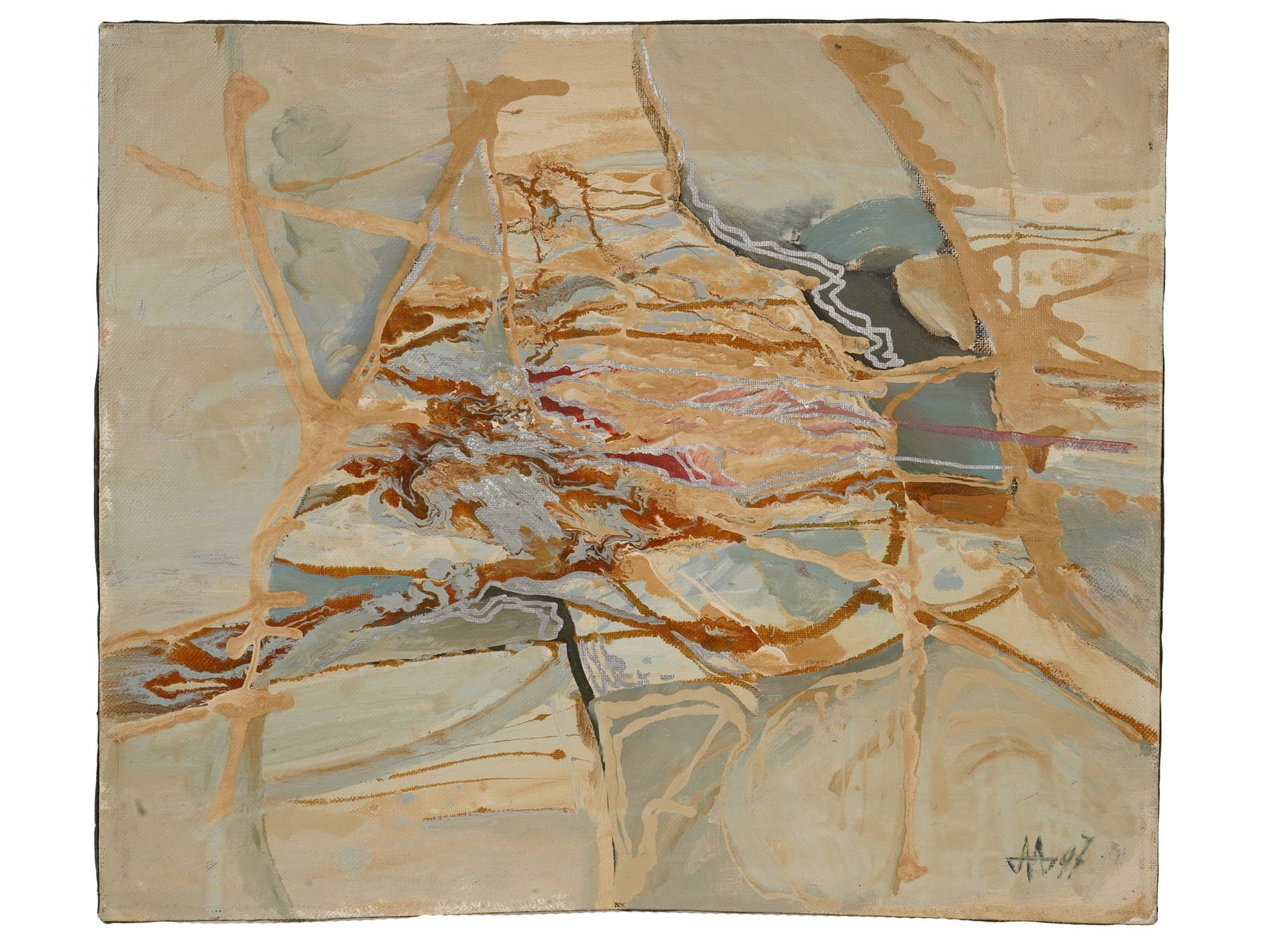 UKRAINIAN ABSTRACT OIL PAINTING BY MIKHAIL ALATARTSEV: Mikhail Dmitrievich Alatartsev, Ukrainian, Soviet era, born 1947, an oil painting on canvas, Movement. Signed with monogram, and dated 97, lower right. Additionally signed, inscribed, Kharkiv, and